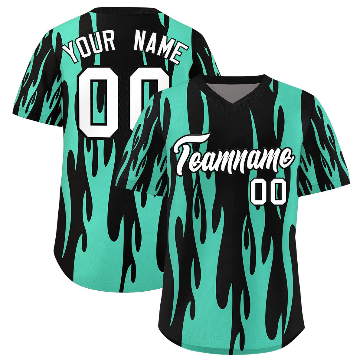 Custom Black Bright Green Flame Pattern Authentic Pullover Baseball Jersey