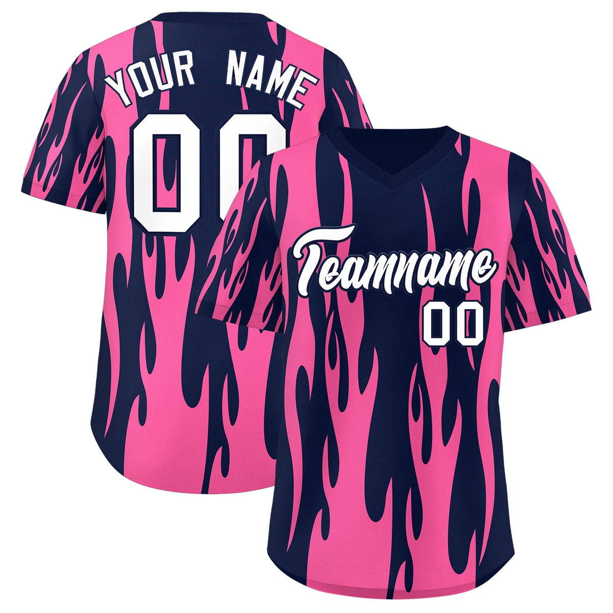 Custom Navy Pink Flame Pattern Authentic Pullover Baseball Jersey