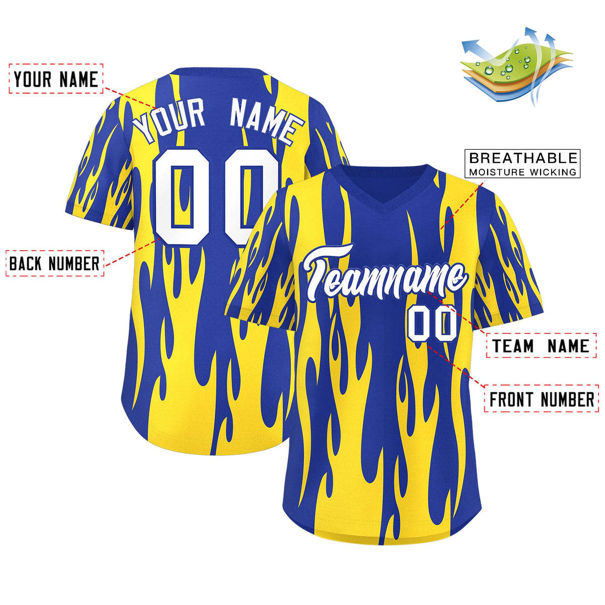 Custom Royal Gold Flame Pattern Authentic Pullover Baseball Jersey