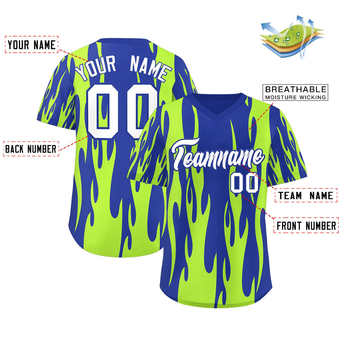 Custom Royal Neon Green Flame Pattern Authentic Pullover Baseball Jersey