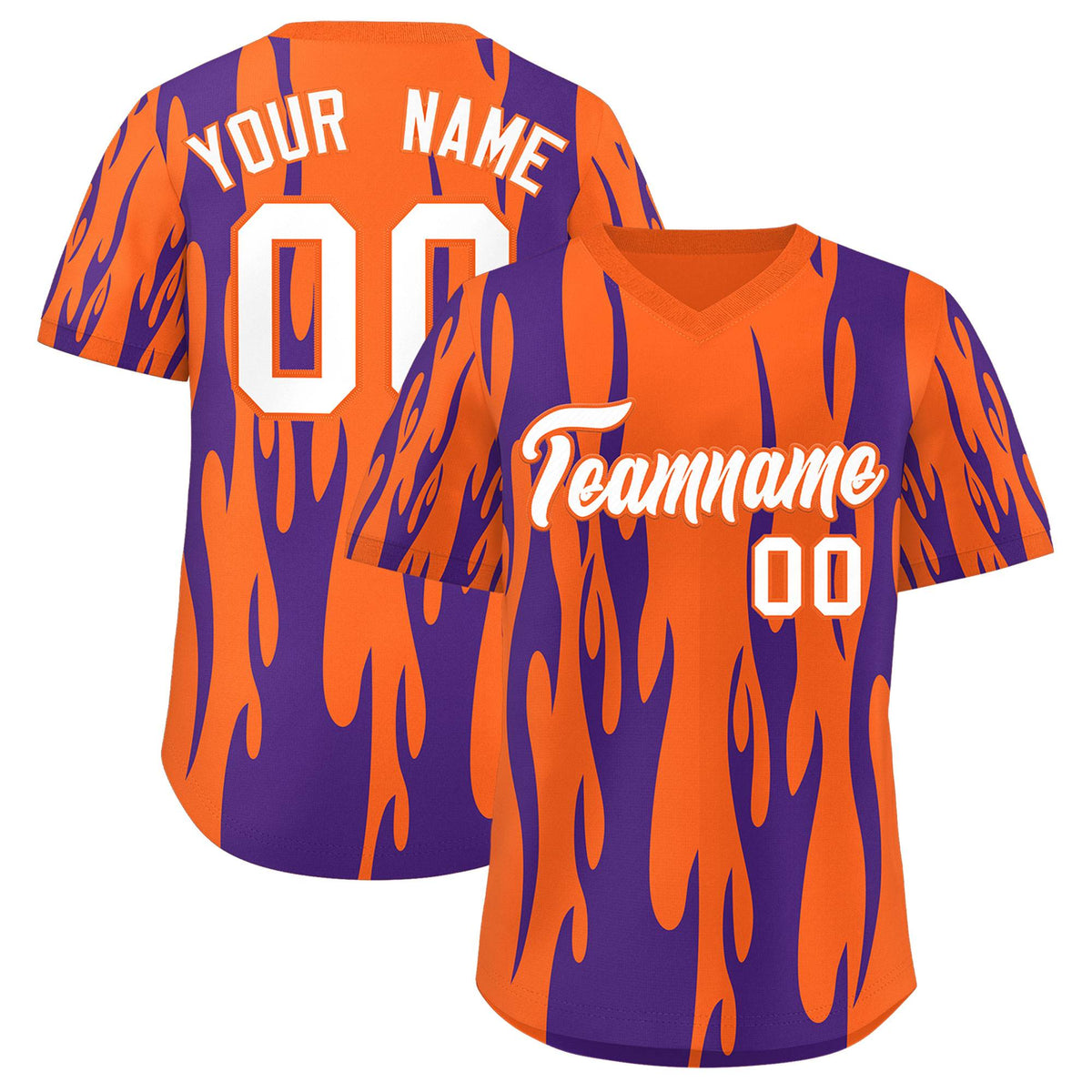 Custom Orange Purple Flame Pattern Authentic Pullover Baseball Jersey