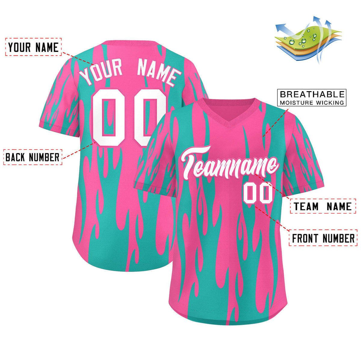 Custom Pink Aqua Flame Pattern Authentic Pullover Baseball Jersey