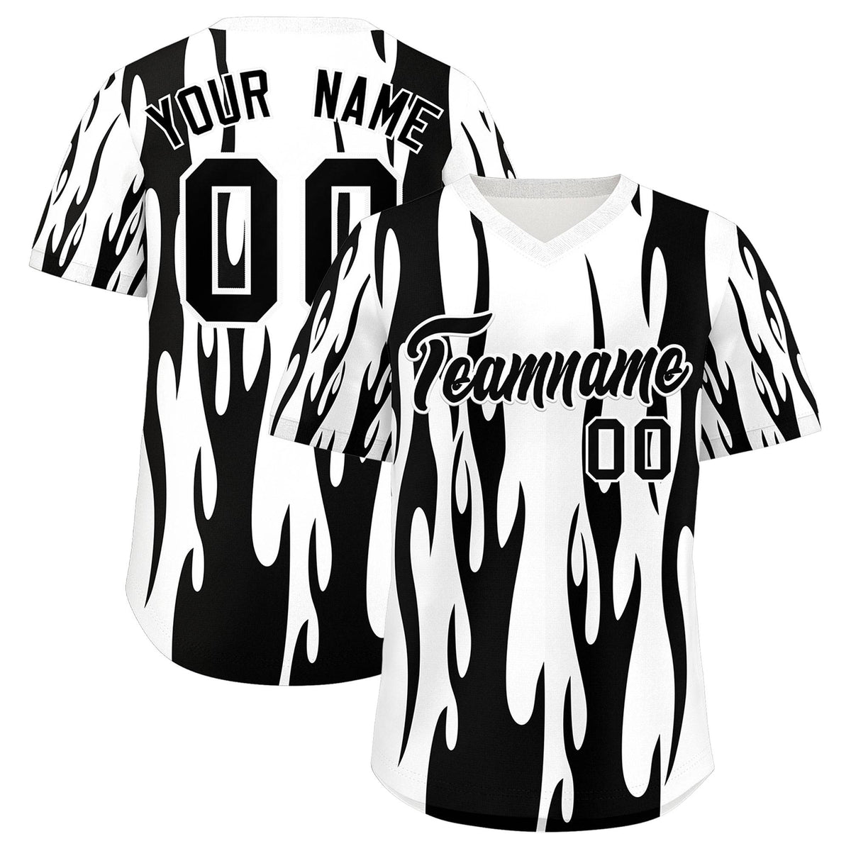 Custom White Black Flame Pattern Authentic Pullover Baseball Jersey