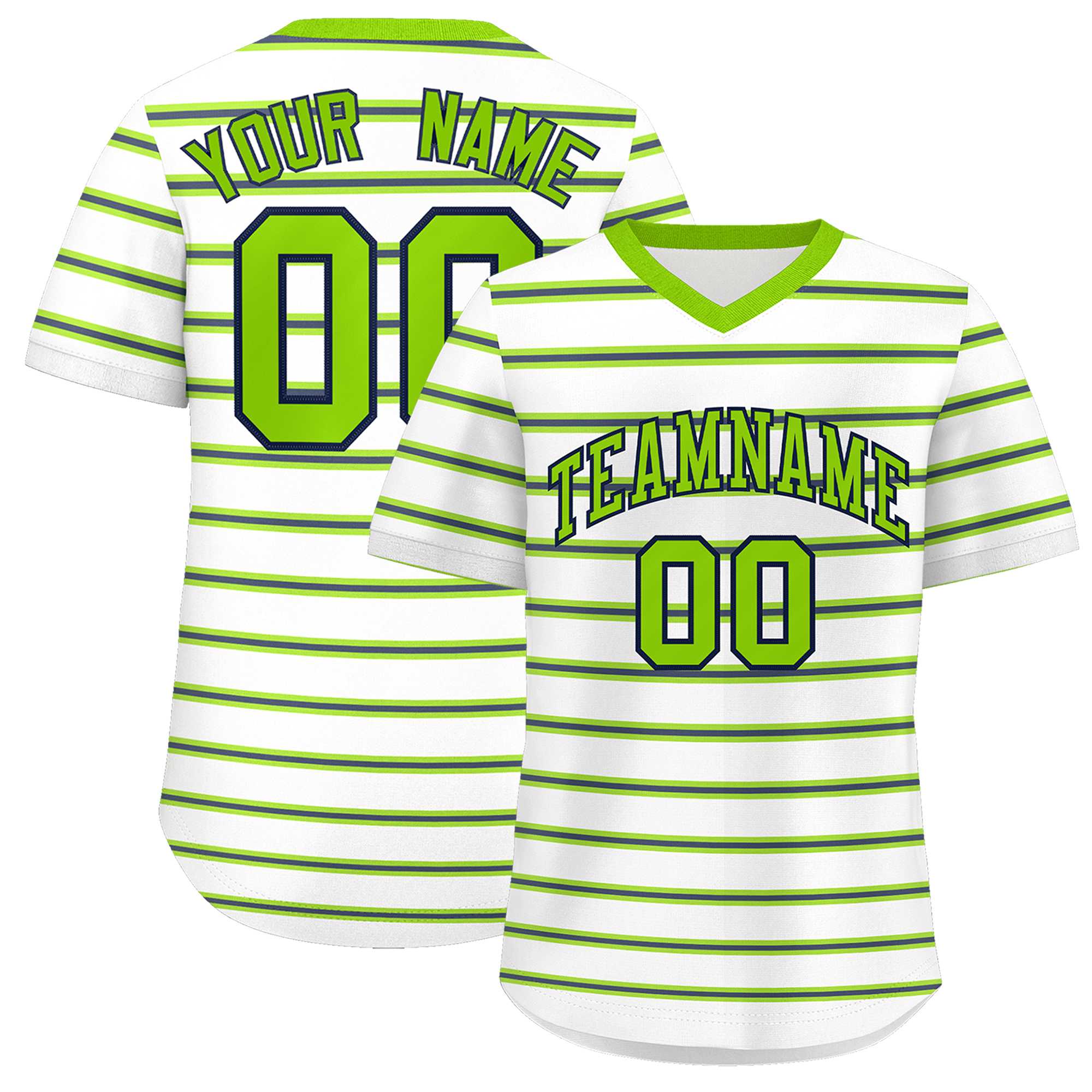 Custom White Neon Green-Navy Personalized Horizontal Stripe Authentic Pullover Baseball Jersey