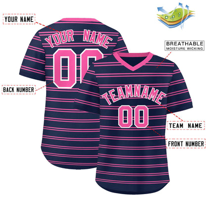 Custom Navy Pink Personalized Horizontal Stripe Authentic Pullover Baseball Jersey
