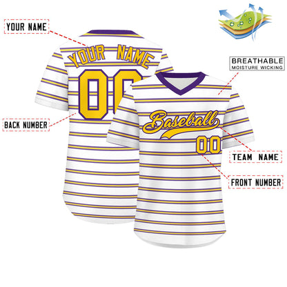 Custom White Purple-Yellow Personalized Horizontal Stripe Authentic Pullover Baseball Jersey