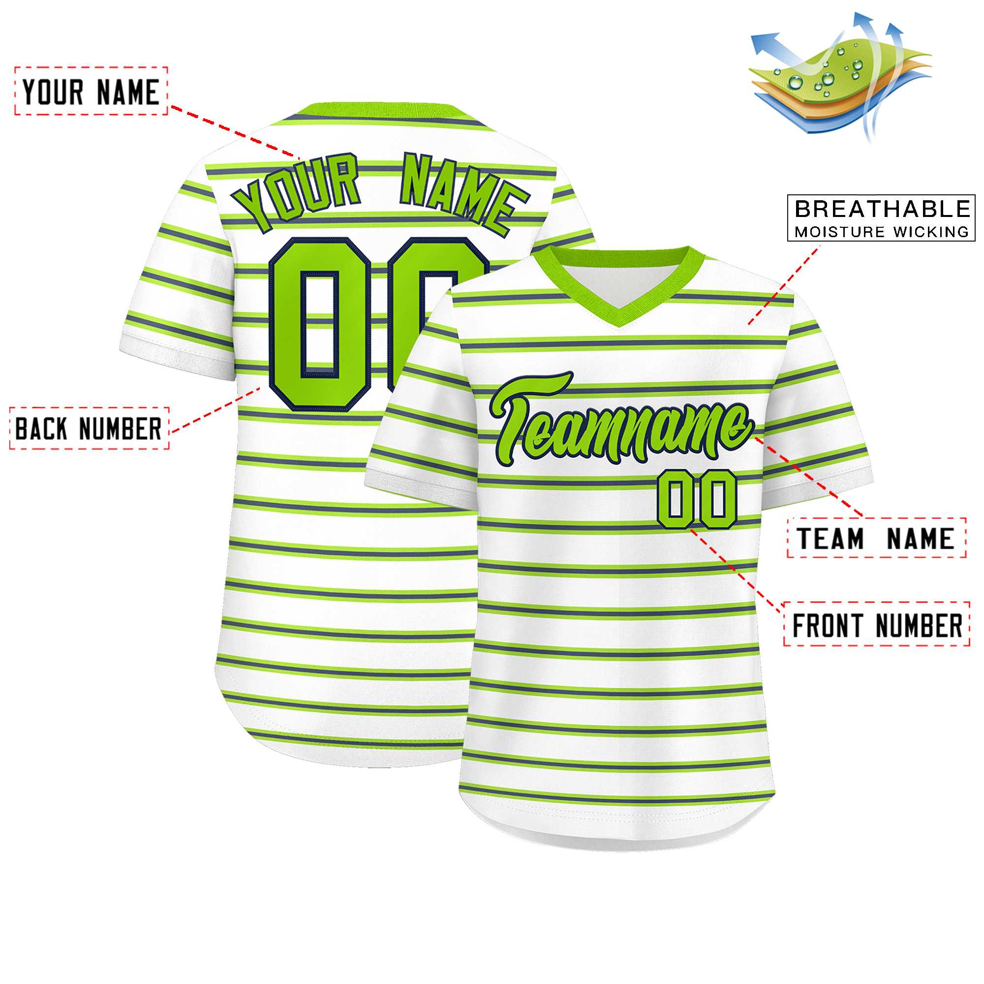 Custom White Neon Green-Navy Personalized Horizontal Stripe Authentic Pullover Baseball Jersey