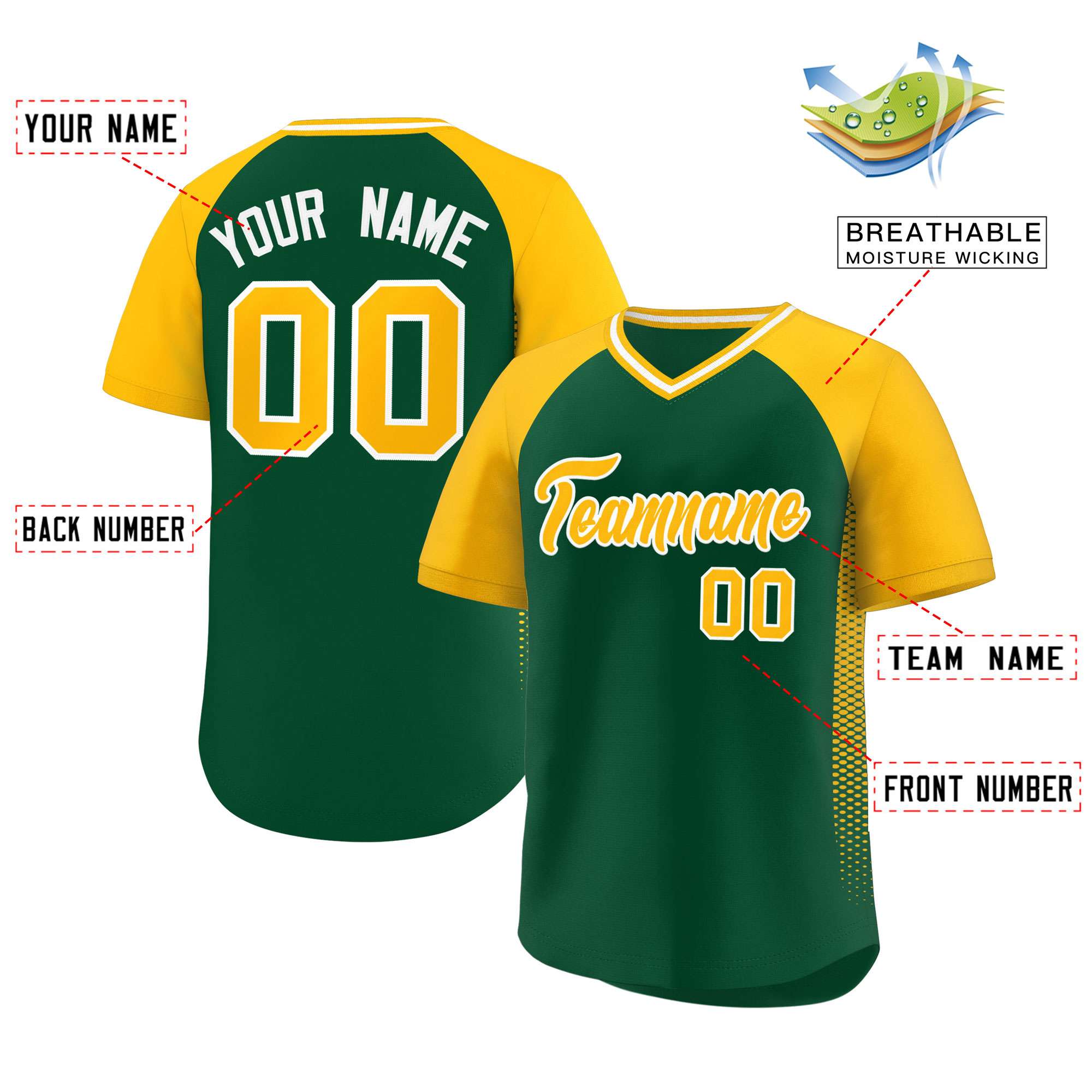 Custom Green Gold Raglan Sleeves Side Spot Authentic Pullover Baseball Jersey