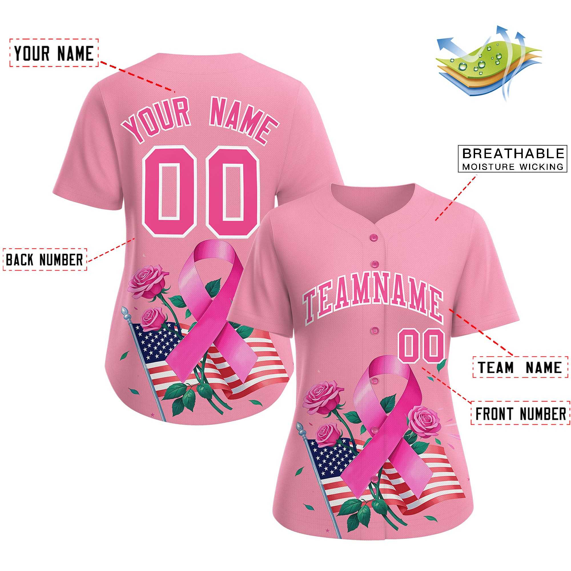 Custom Light Pink Pink Breast Cancer Awareness Month Pink Ribbon Authentic Baseball Jersey for Women
