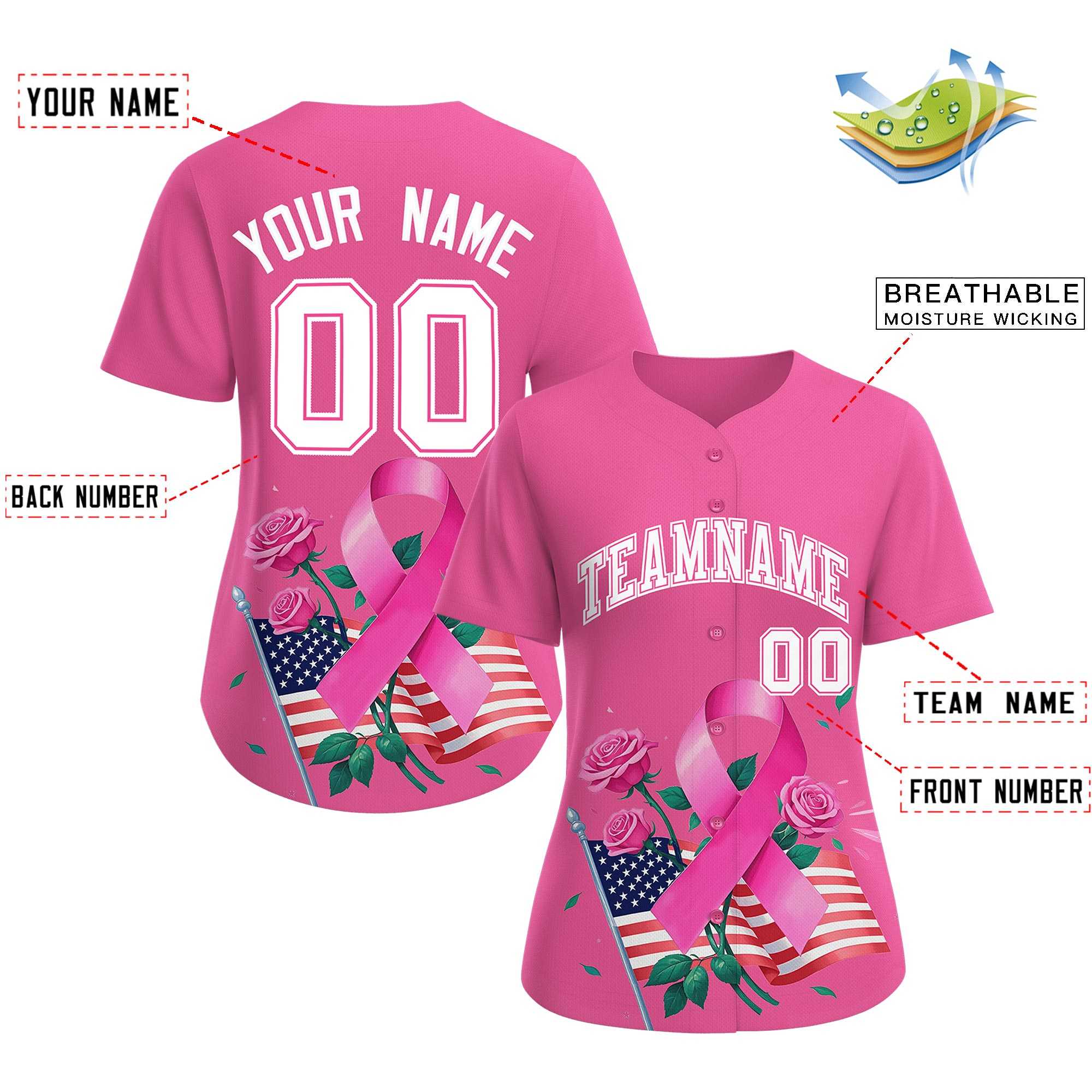 Custom Pink White Breast Cancer Awareness Month Pink Ribbon Authentic Baseball Jersey for Women