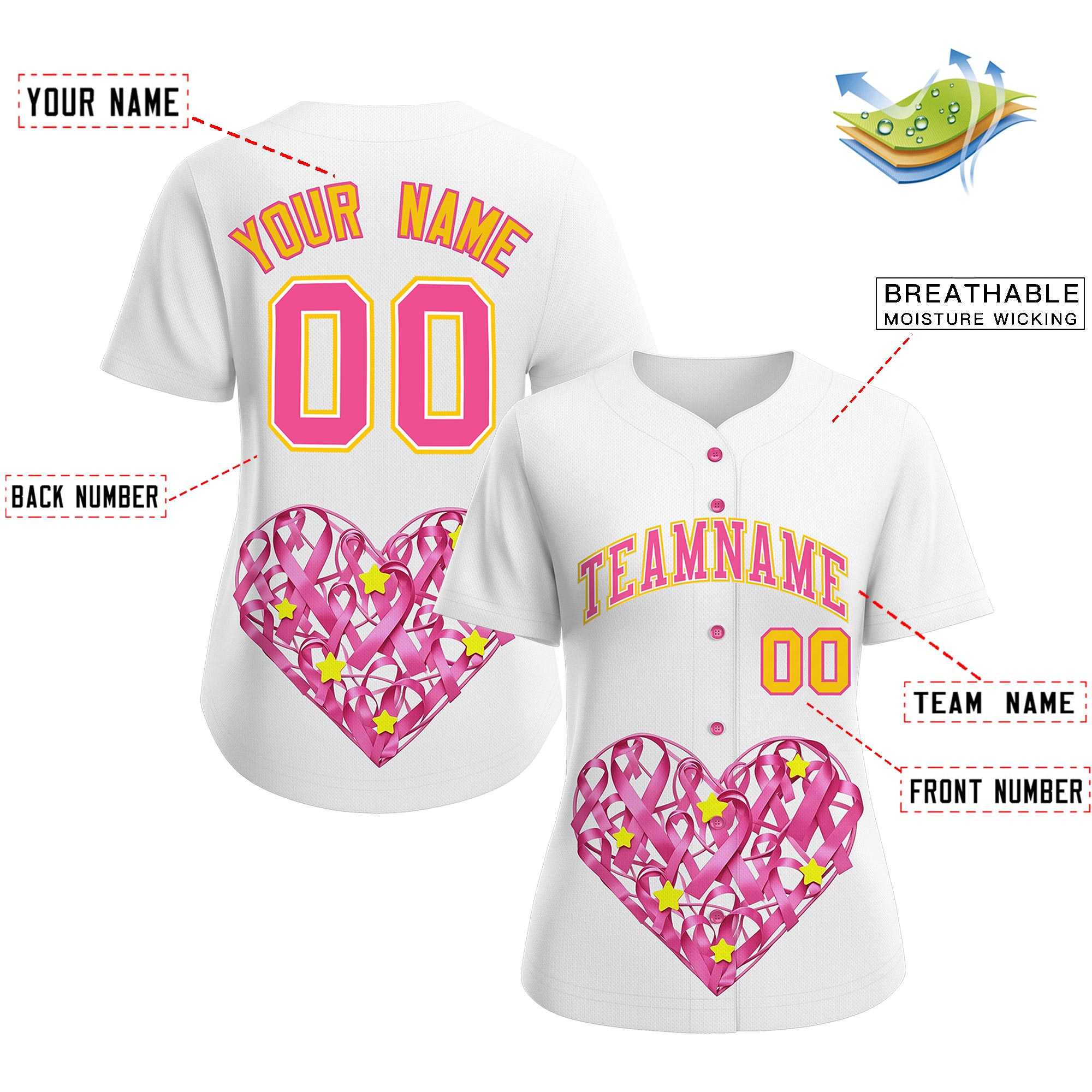 Custom White Pink Breast Cancer Awareness Month Pink Ribbon Authentic Baseball Jersey for Women