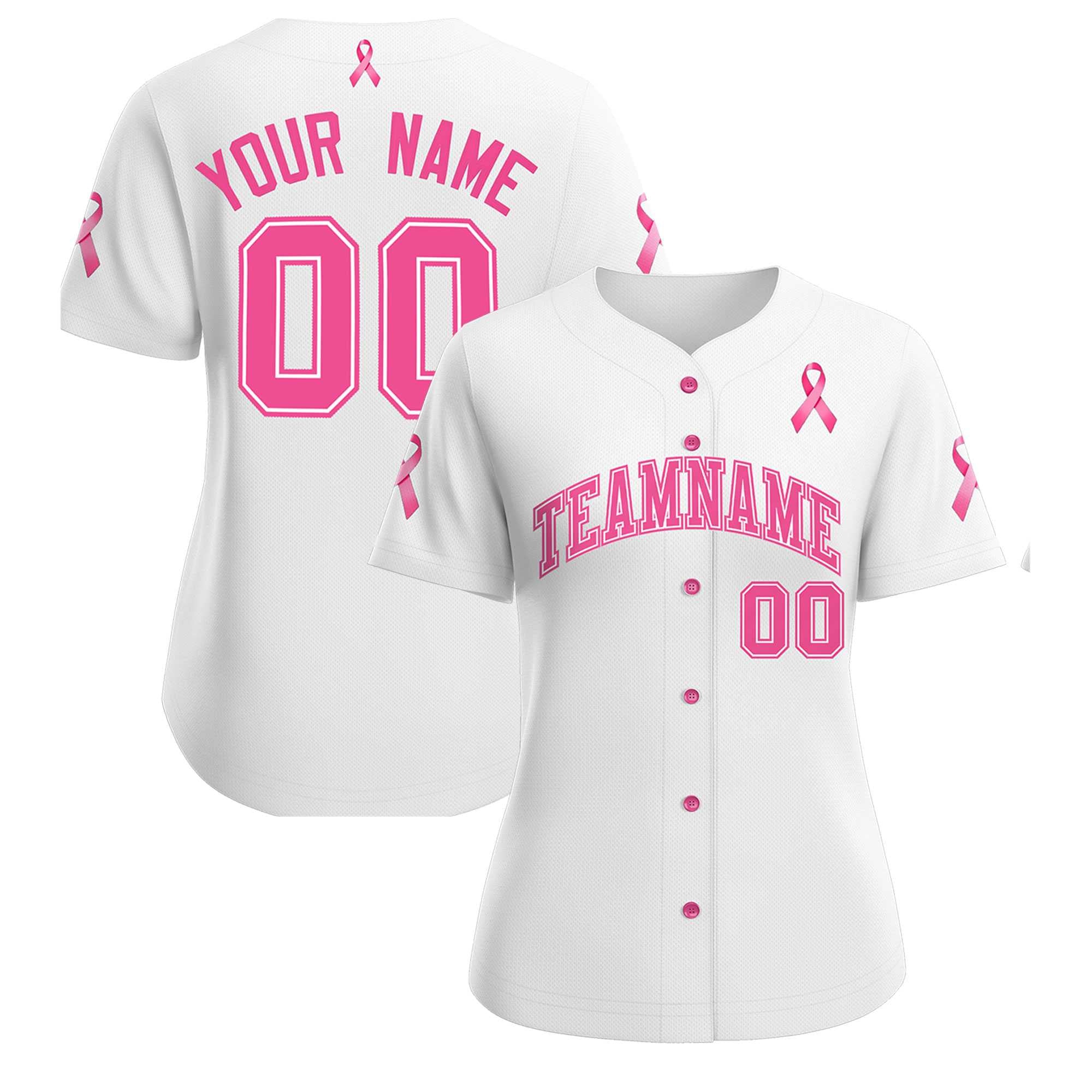 Custom White Pink Breast Cancer Awareness Month Pink Ribbon Authentic Baseball Jersey for Women