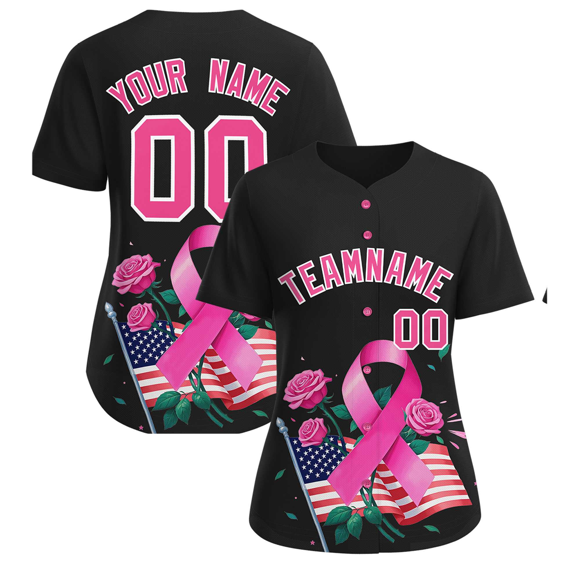 Custom Black Pink Breast Cancer Awareness Month Pink Ribbon Authentic Baseball Jersey for Women