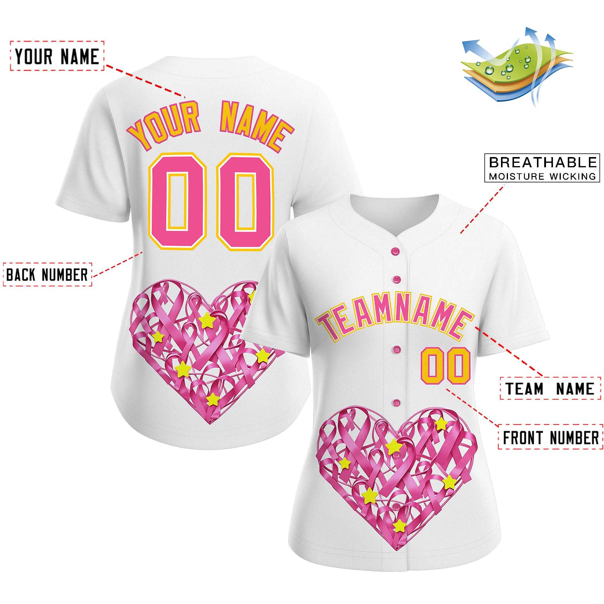 Custom White Pink Breast Cancer Awareness Month Pink Ribbon Authentic Baseball Jersey for Women