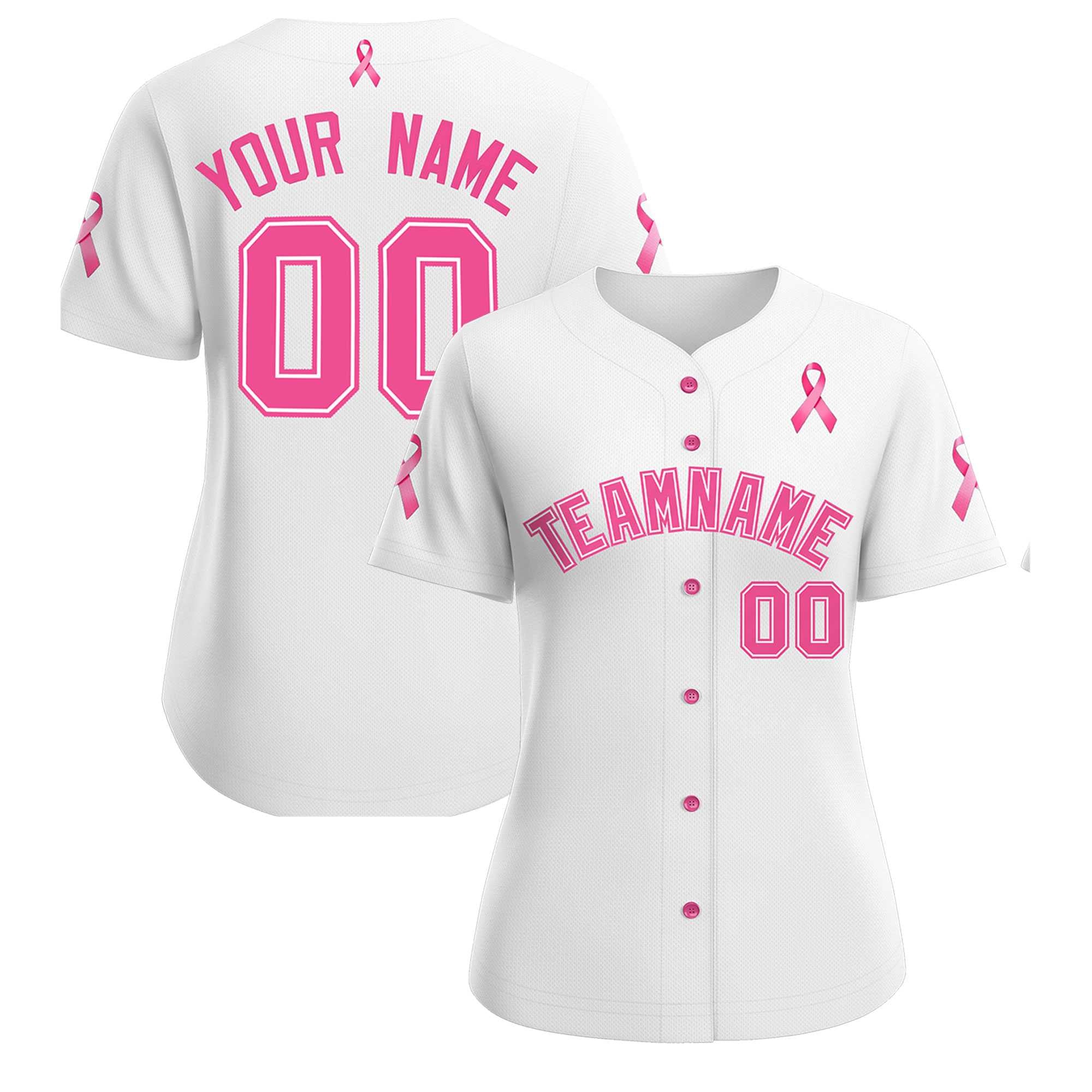 Custom White Pink Breast Cancer Awareness Month Pink Ribbon Authentic Baseball Jersey for Women