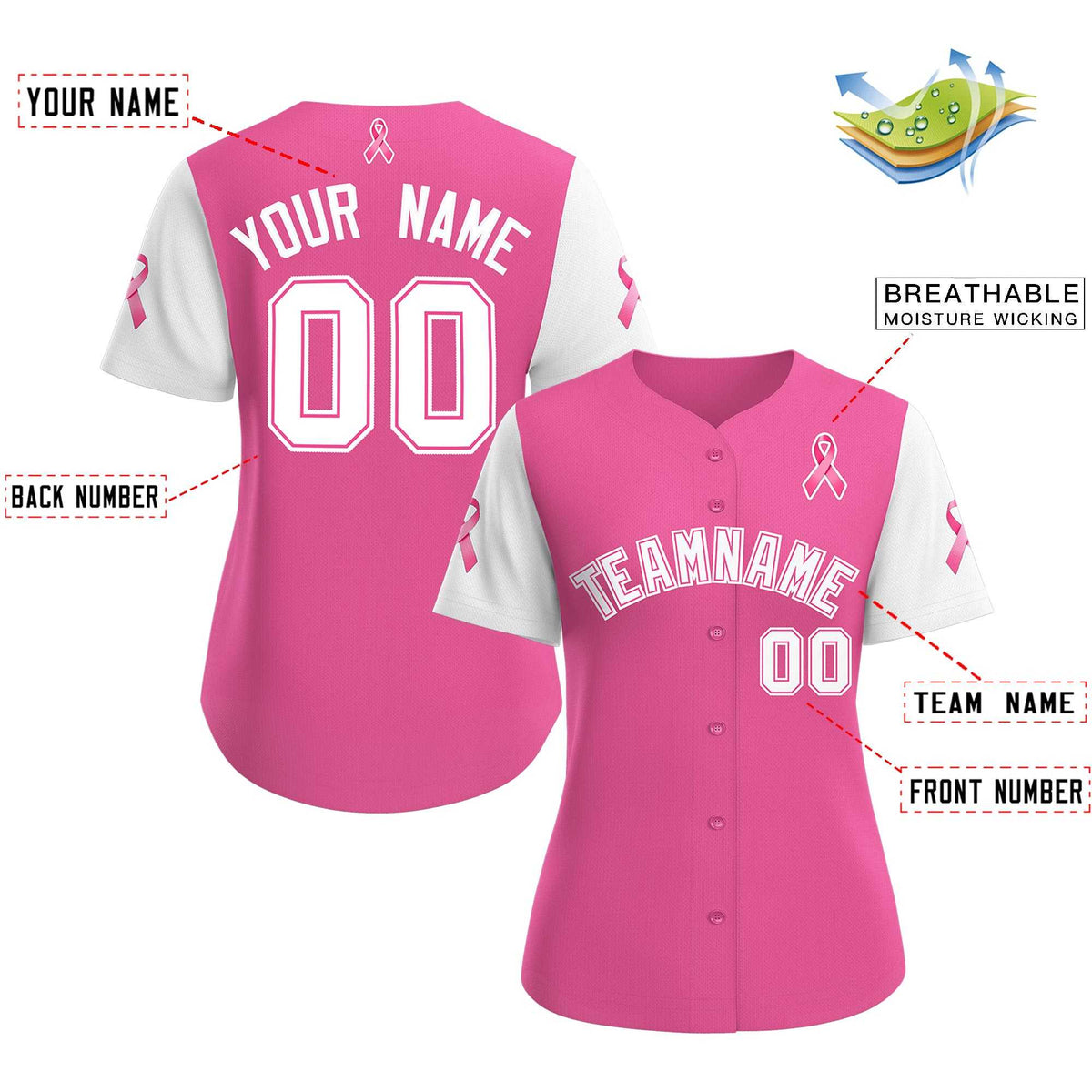 Custom Pink White Breast Cancer Awareness Month Pink Ribbon Authentic Baseball Jersey for Women
