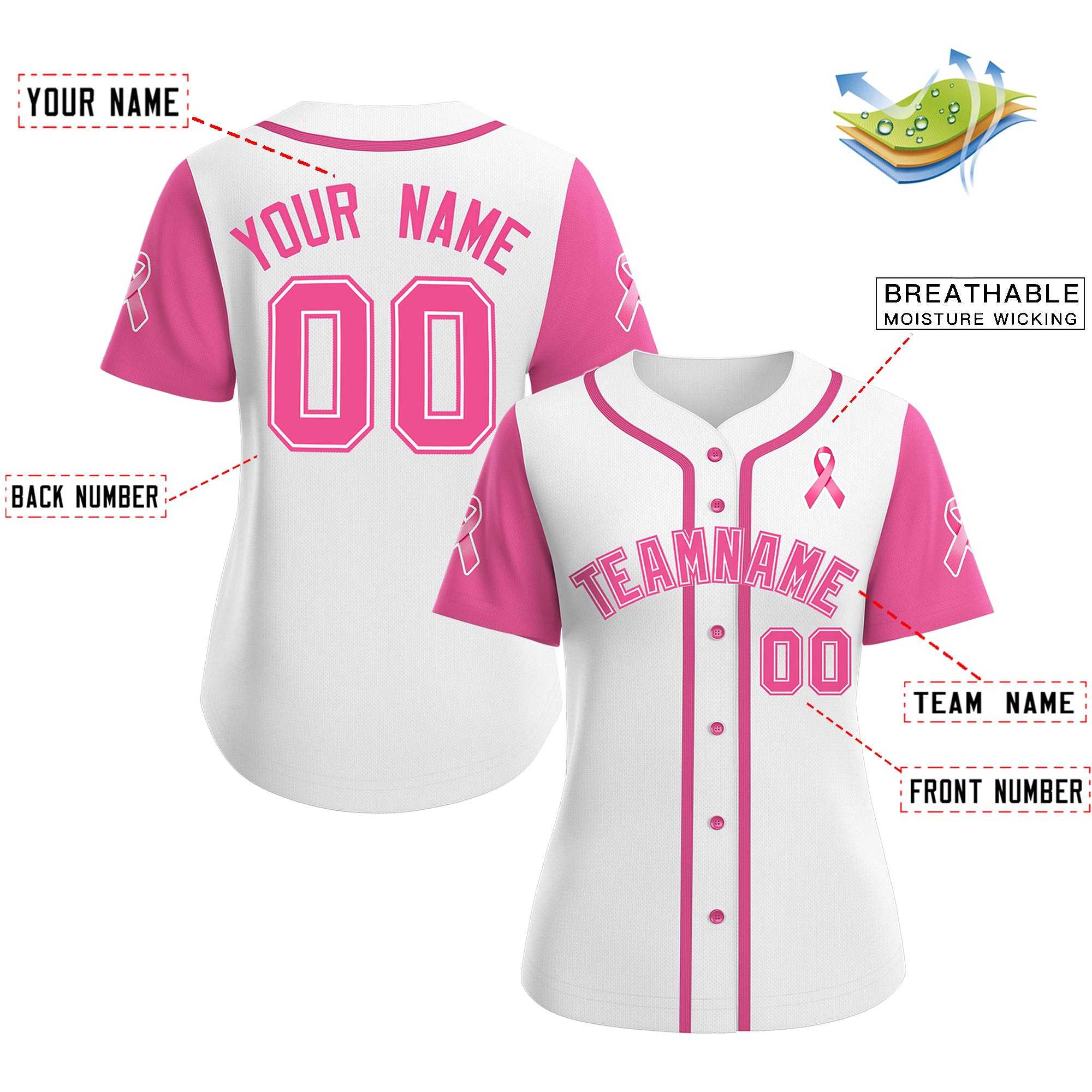 Custom White Pink Breast Cancer Awareness Month Pink Ribbon Authentic Baseball Jersey for Women