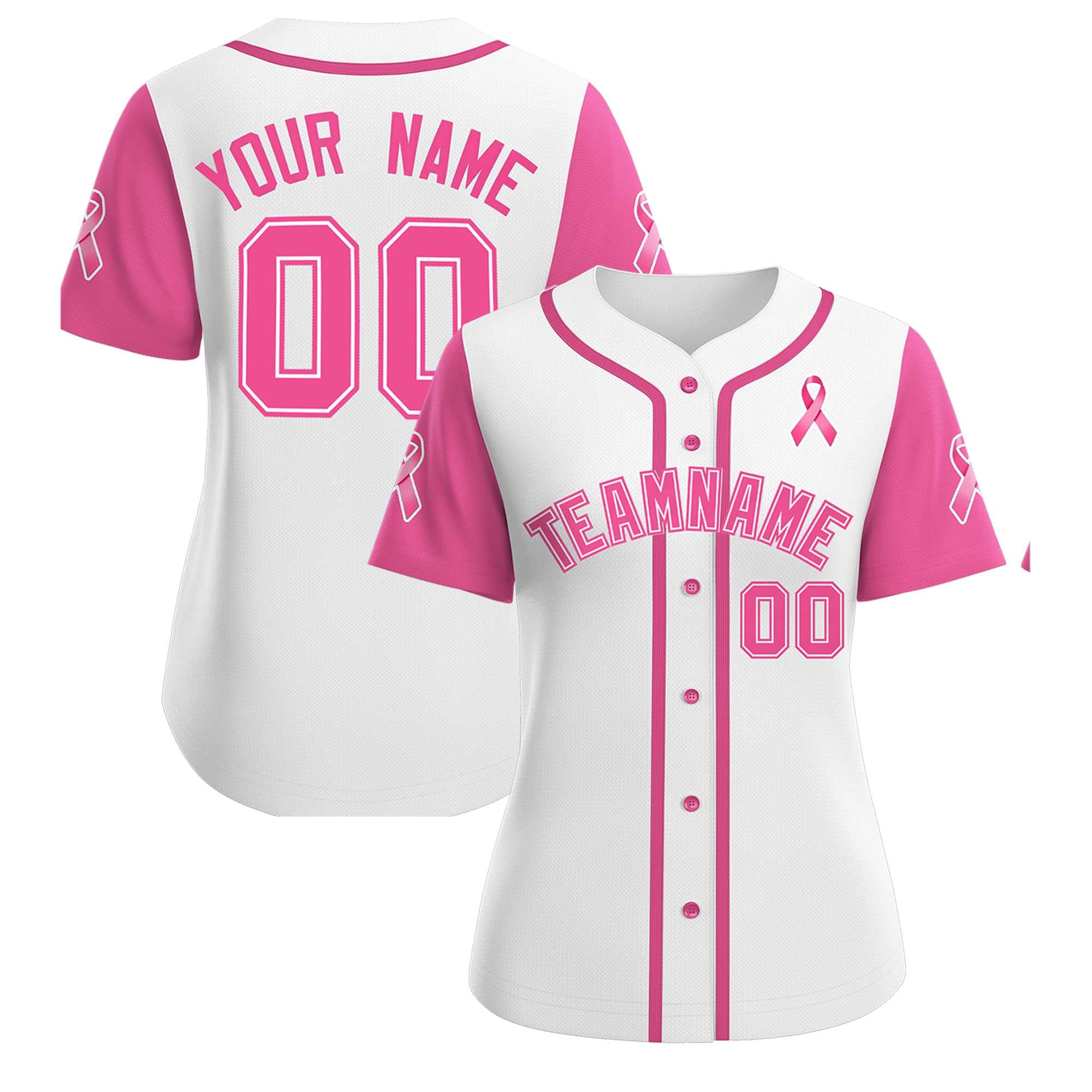 Custom White Pink Breast Cancer Awareness Month Pink Ribbon Authentic Baseball Jersey for Women