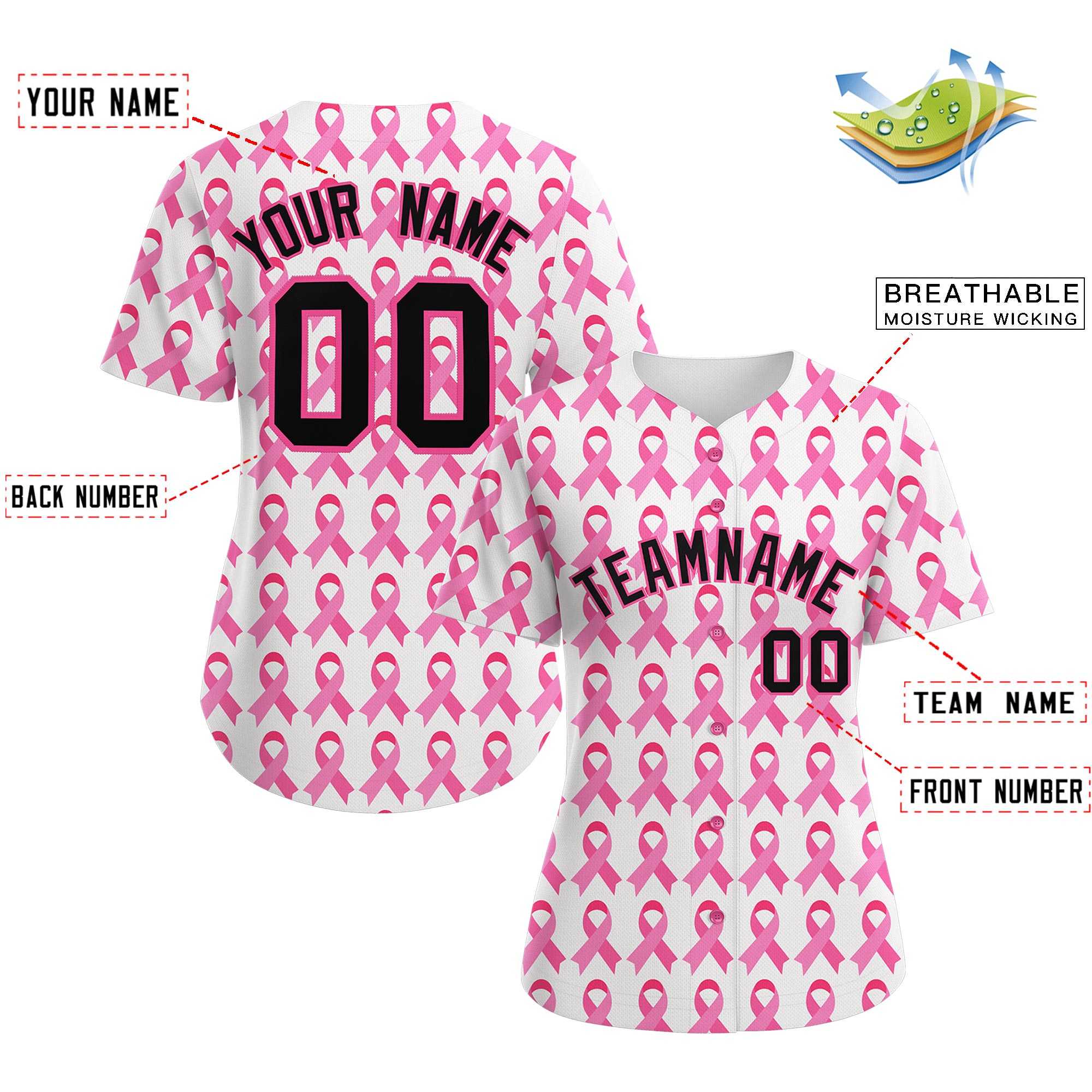Custom White Black Breast Cancer Awareness Month Pink Ribbon Authentic Baseball Jersey for Women