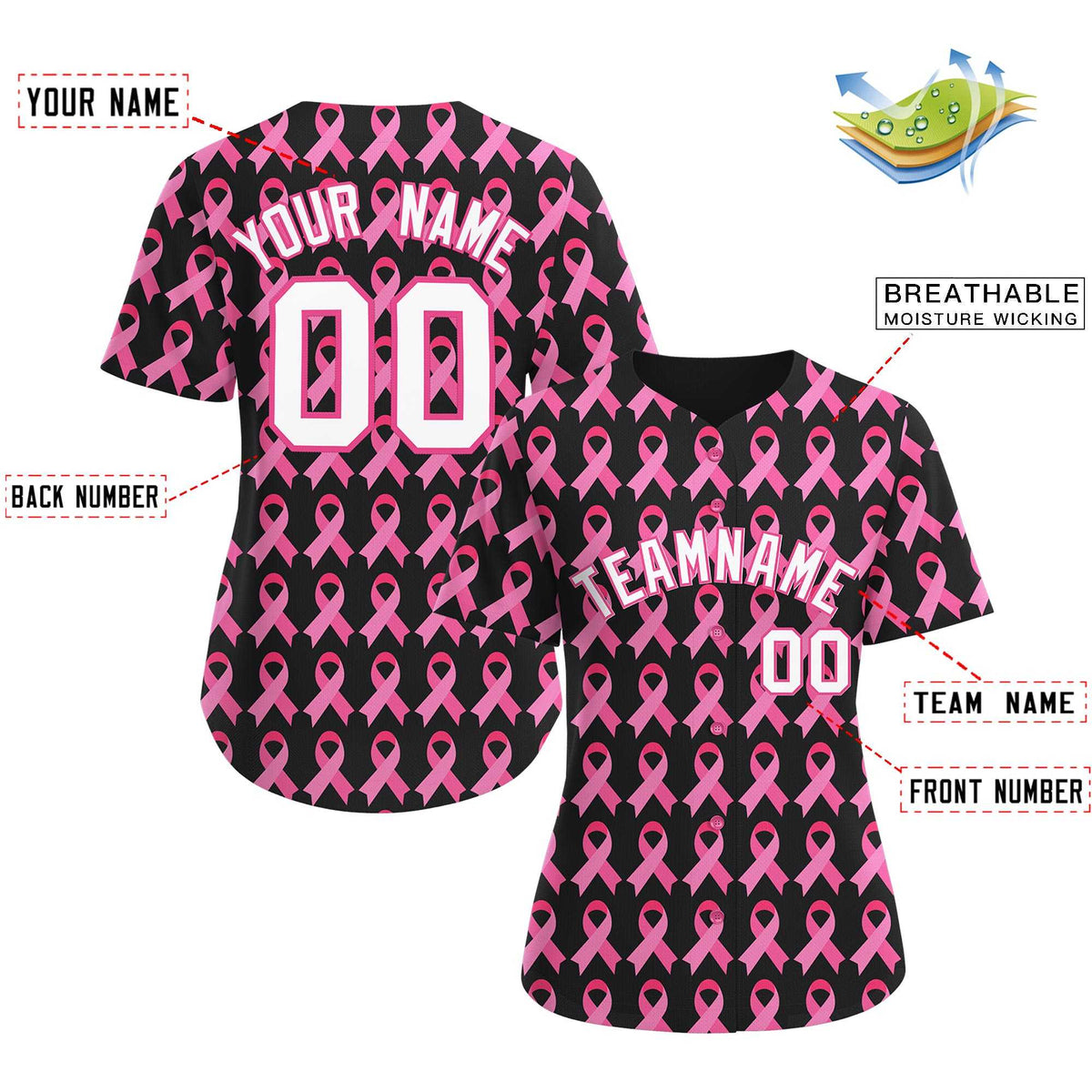 Custom Black Pink Breast Cancer Awareness Month Pink Ribbon Authentic Baseball Jersey for Women