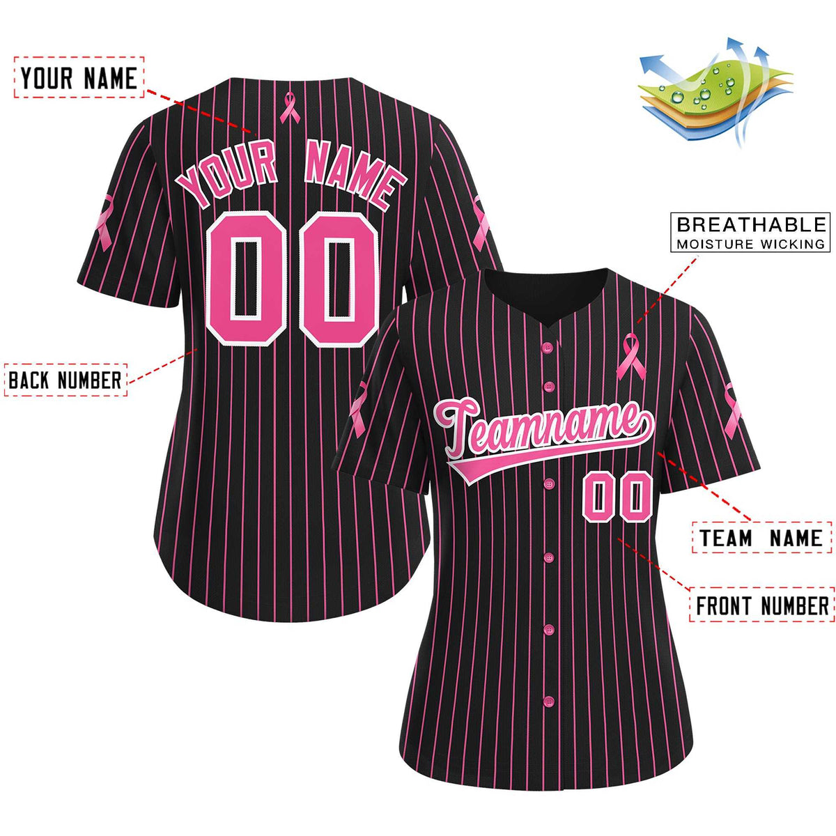 Custom Black Pink Breast Cancer Awareness Month Pink Ribbon Authentic Baseball Jersey for Women| KXKSHOP