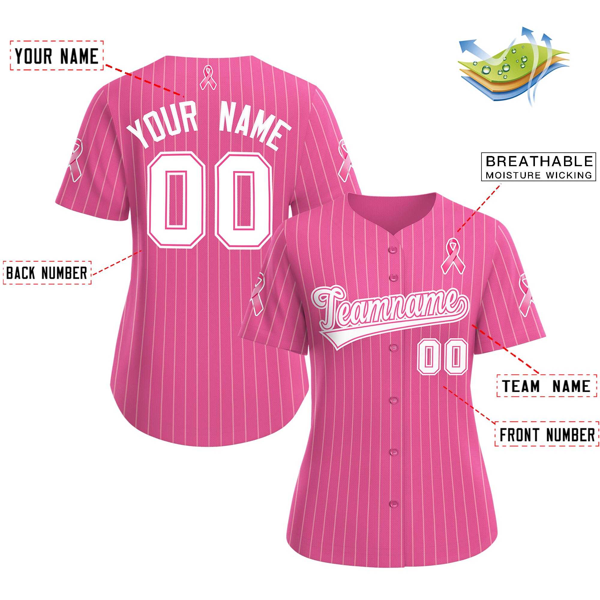 Custom Pink White Breast Cancer Awareness Month Pink Ribbon Authentic Baseball Jersey for Women| KXKSHOP