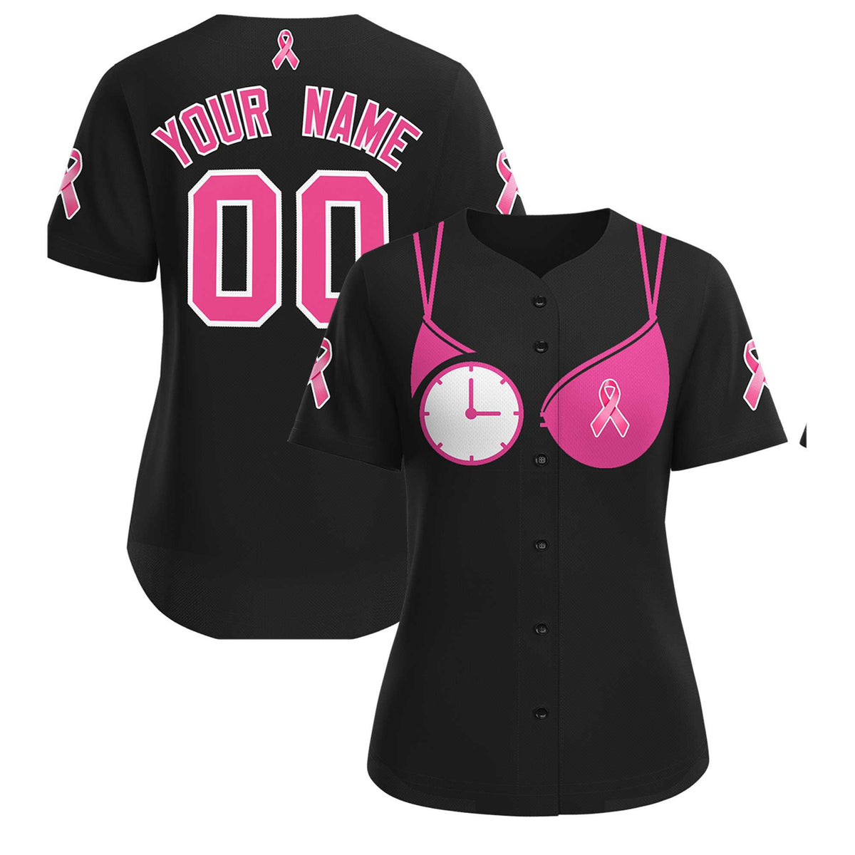 Custom Black Pink Breast Cancer Awareness Month Pink Ribbon Authentic Baseball Jersey for Women| KXKSHOP