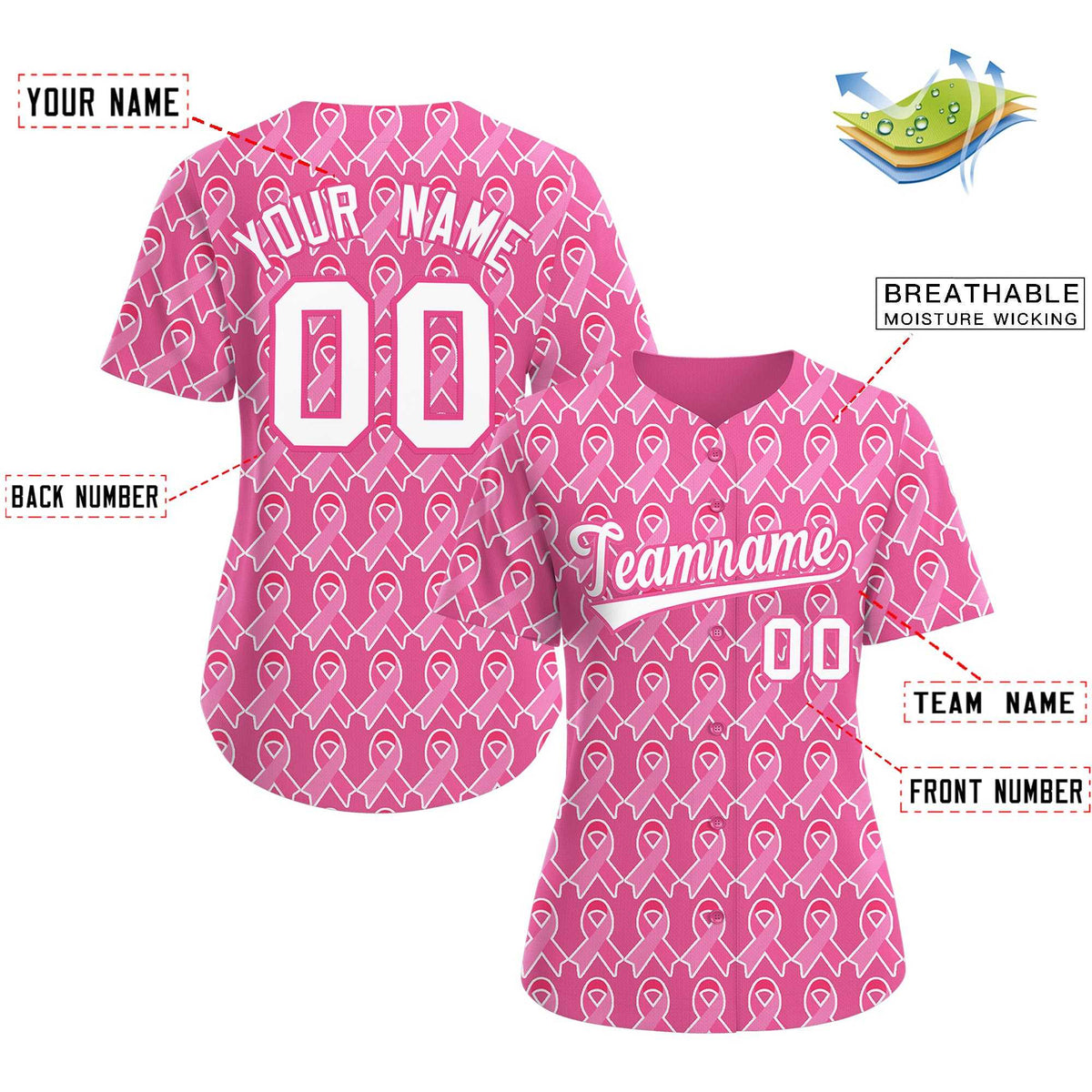 Custom Pink White Breast Cancer Awareness Month Pink Ribbon Authentic Baseball Jersey for Women| KXKSHOP