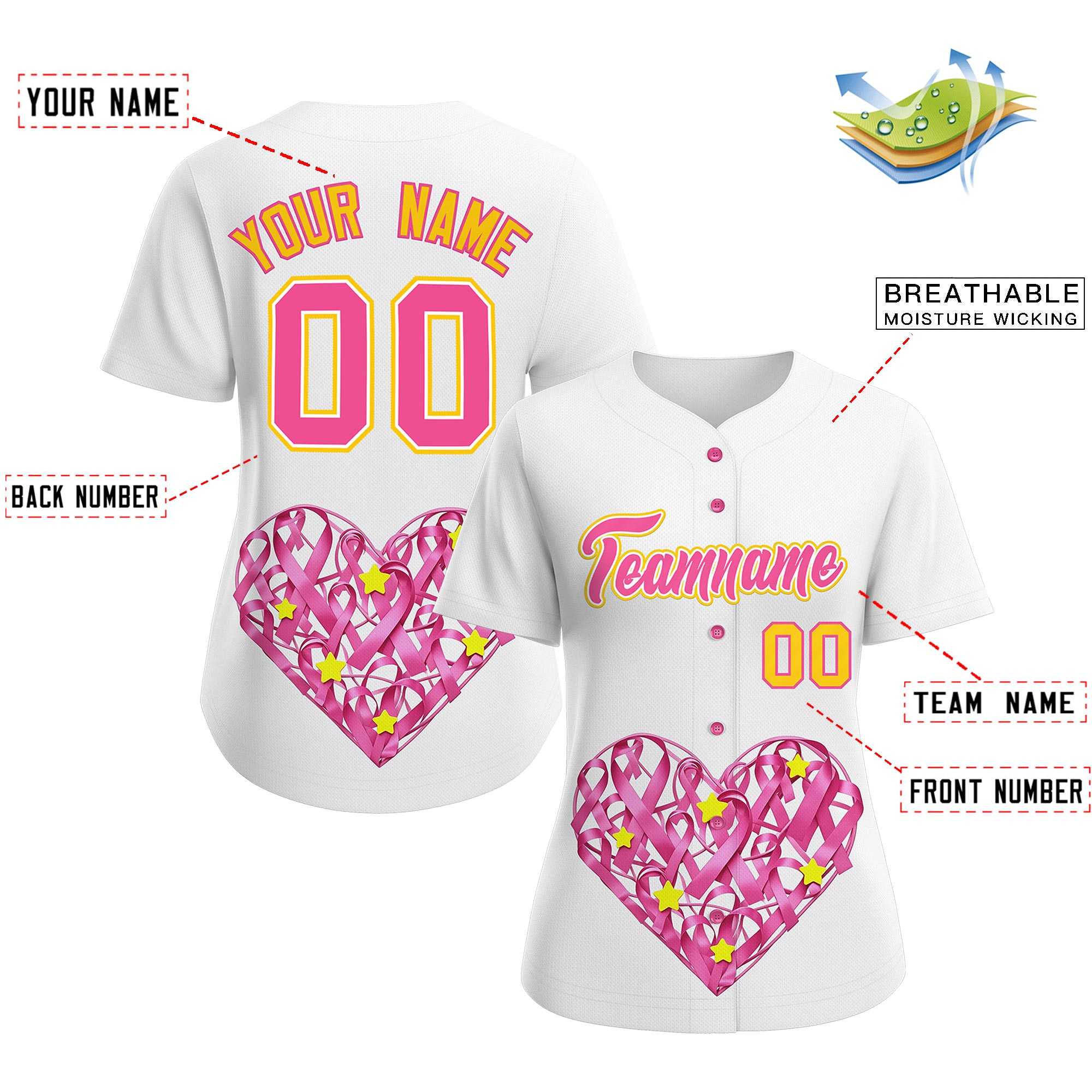 Custom White Pink Breast Cancer Awareness Month Pink Ribbon Authentic Baseball Jersey for Women