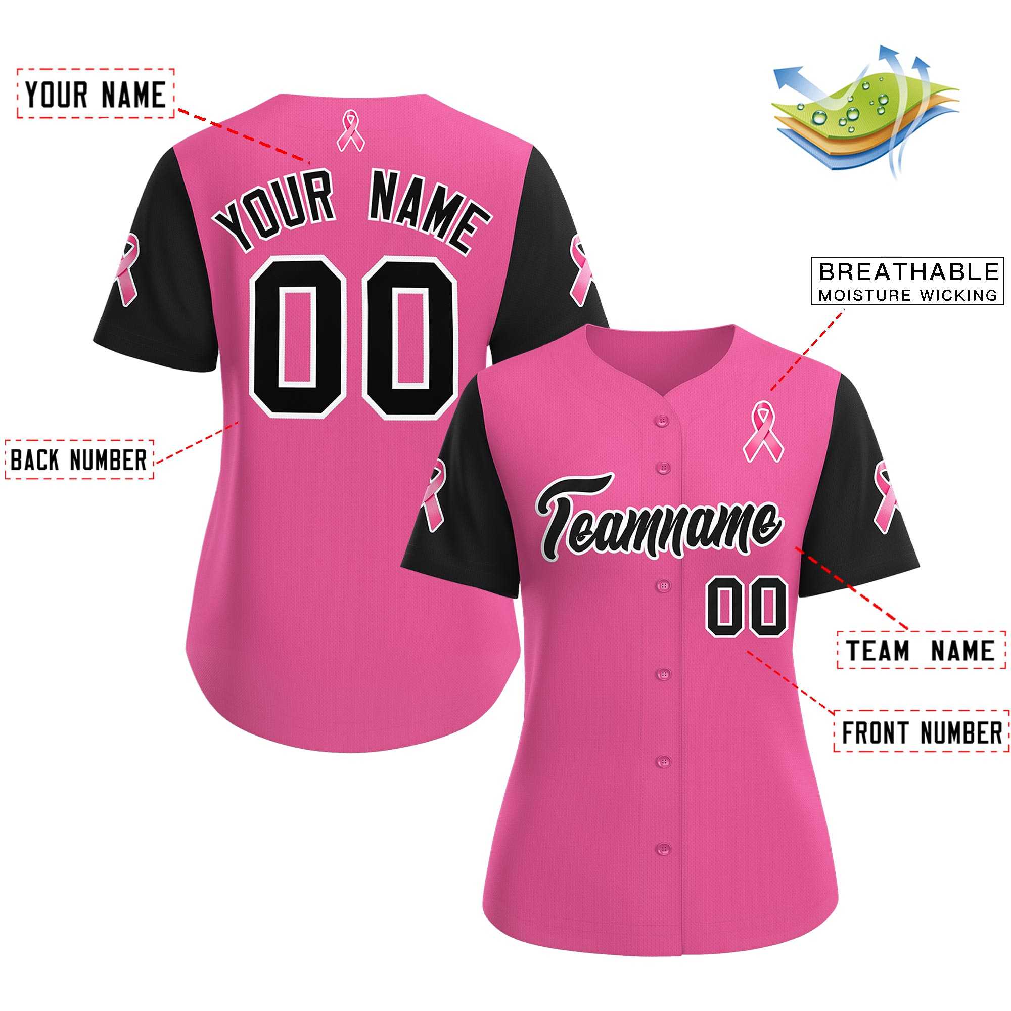 Custom Pink Black Breast Cancer Awareness Month Pink Ribbon Authentic Baseball Jersey for Women