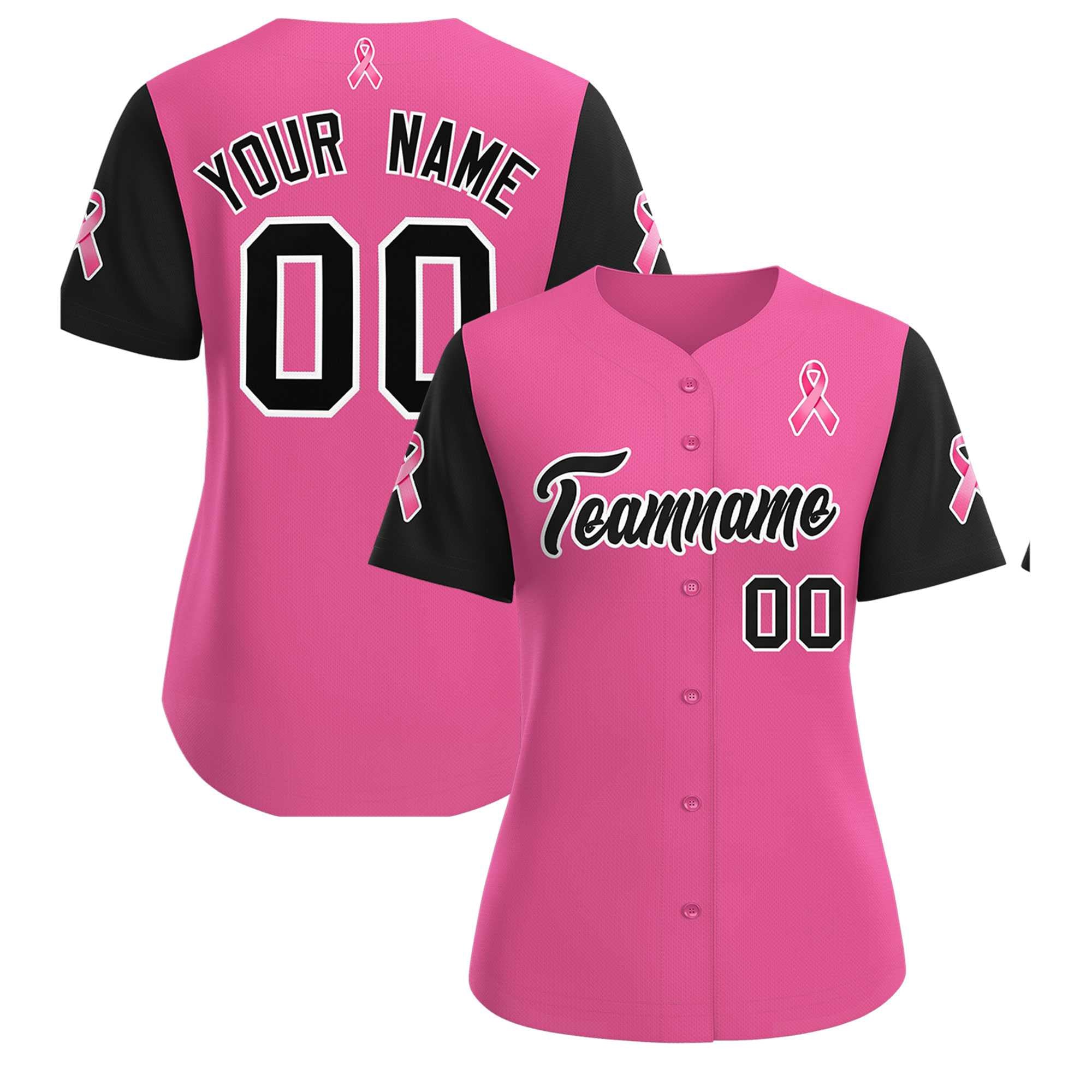 Custom Pink Black Breast Cancer Awareness Month Pink Ribbon Authentic Baseball Jersey for Women