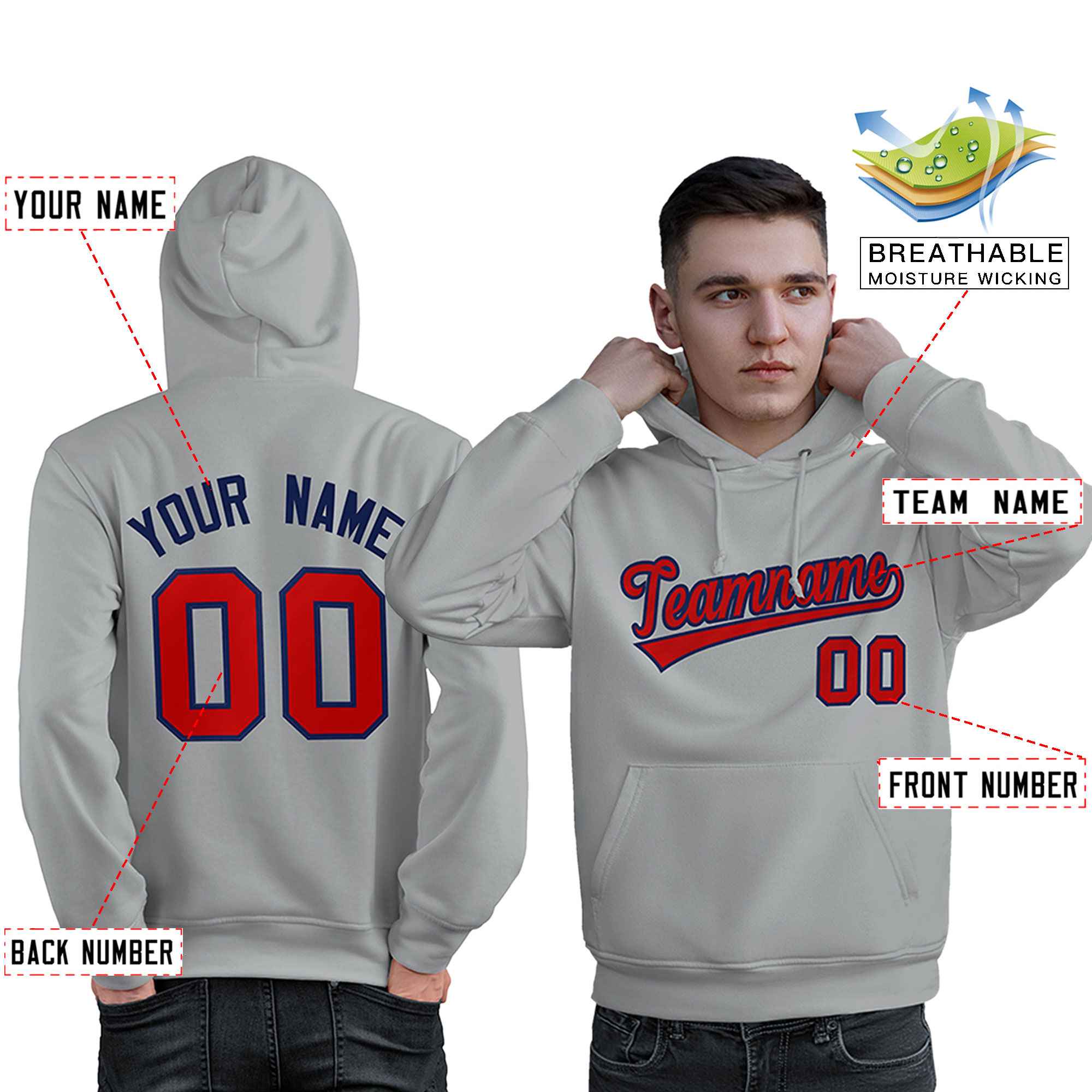 Custom Gray Red-Royal Classic Style Personalized Sport Pullover Hoodie