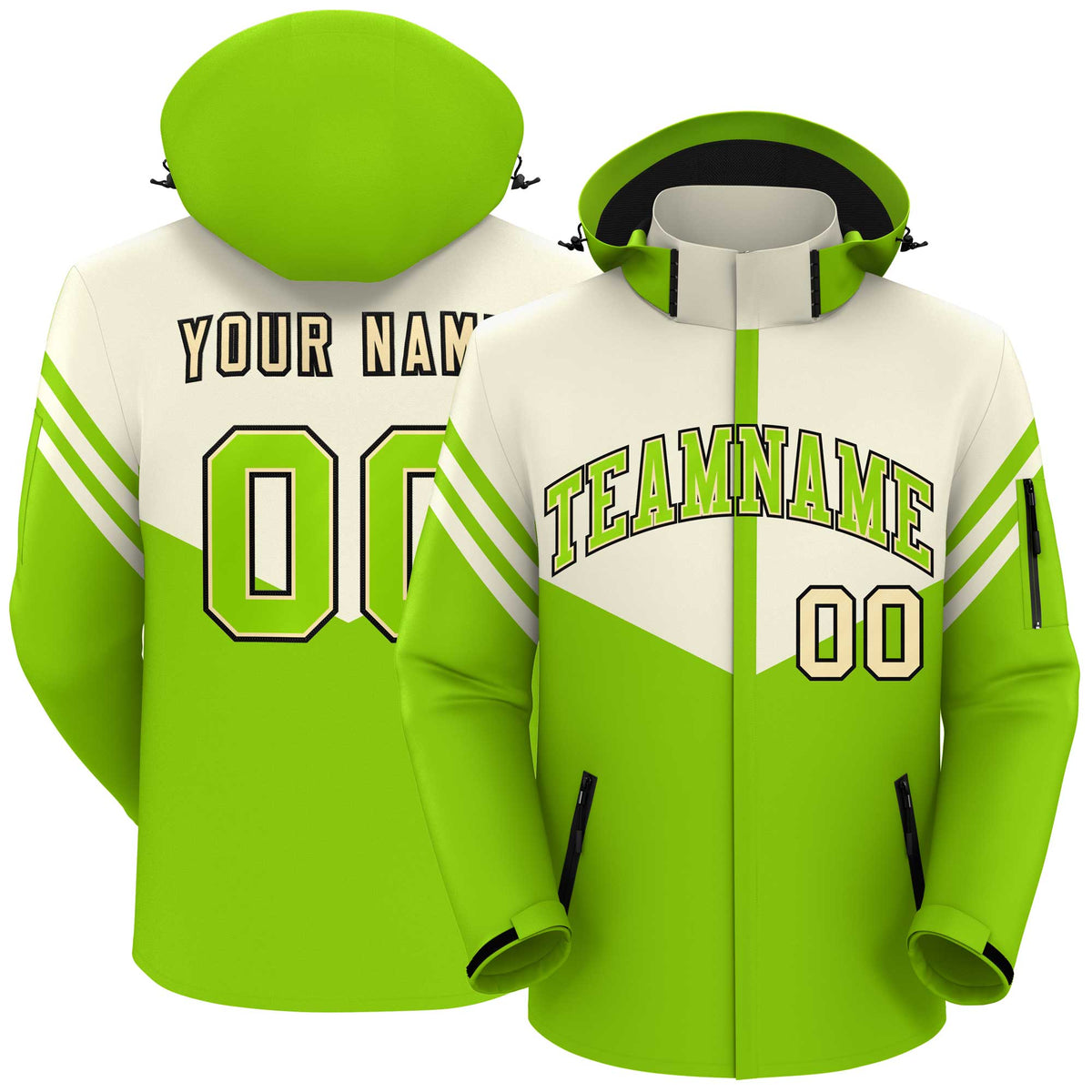 Custom Cream Neon Green Color Block Personalized Outdoor Hooded Waterproof Jacket