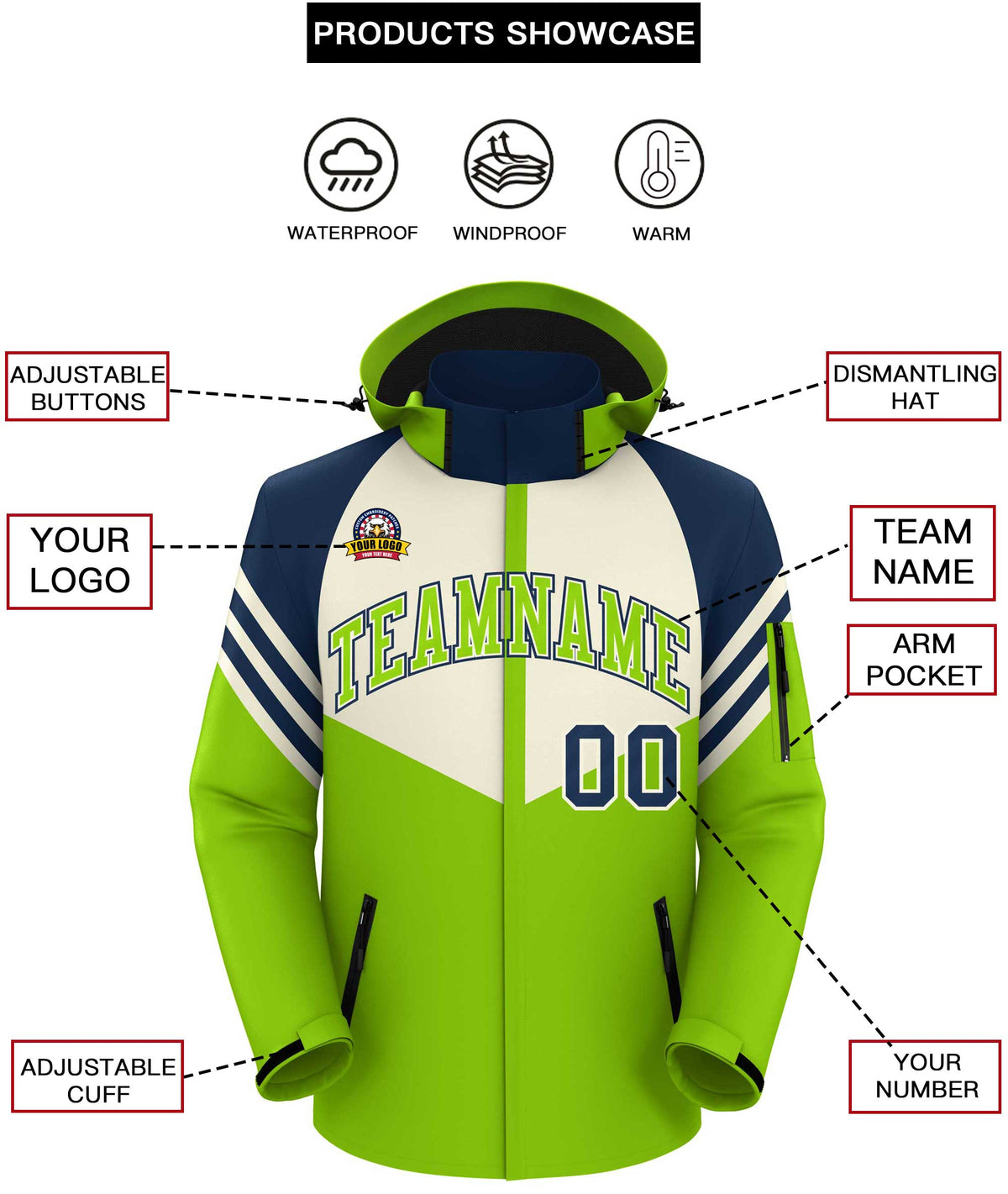 Custom Cream Neon Green-Navy Color Block Personalized Outdoor Hooded Waterproof Jacket