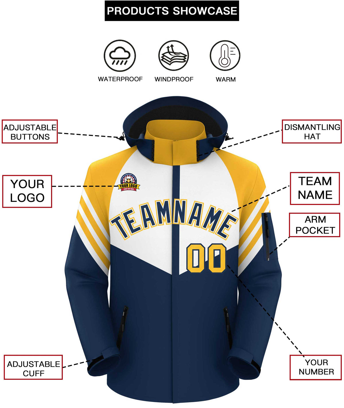 Custom White Navy-Gold Color Block Personalized Outdoor Hooded Waterproof Jacket