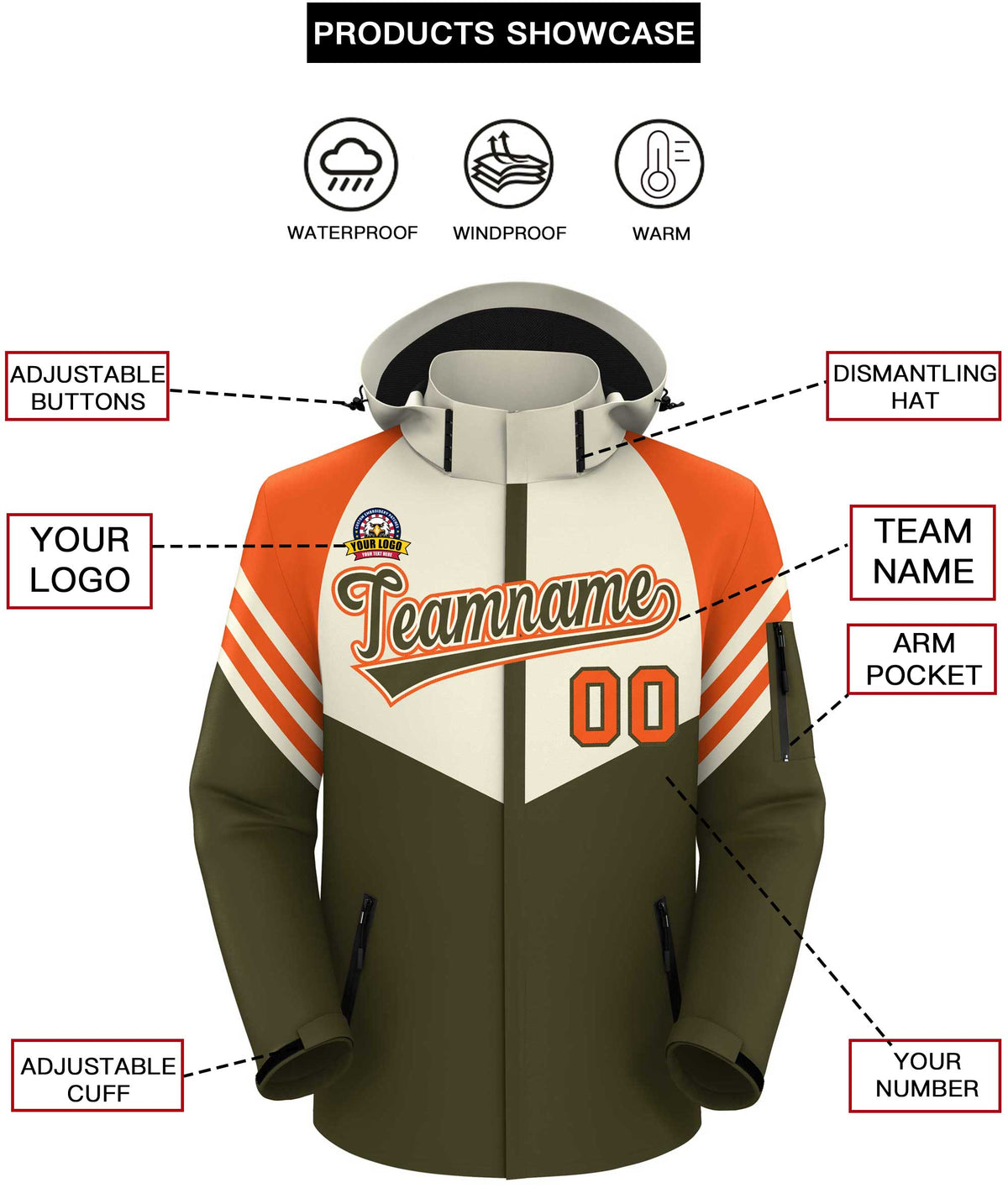 Custom Cream Olive-Orange Color Block Personalized Outdoor Hooded Waterproof Jacket