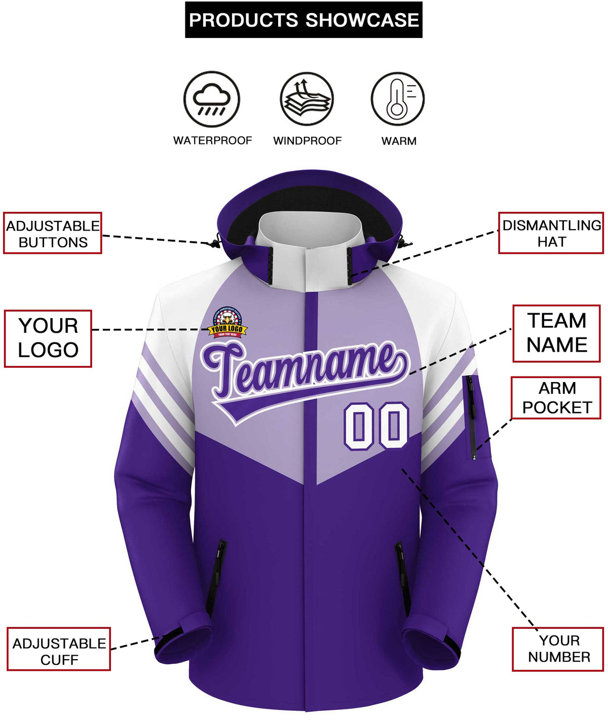 Custom Light Purple Purple-White Color Block Personalized Outdoor Hooded Waterproof Jacket