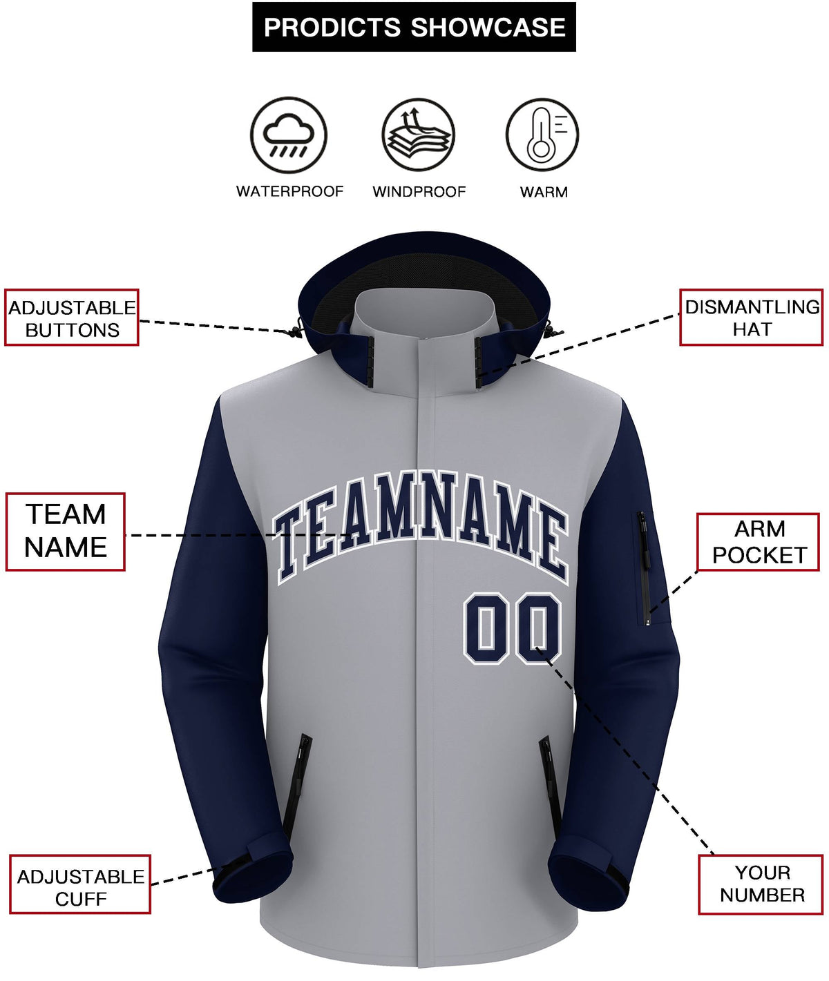 Custom Gray Navy-White Raglan Sleeves Waterproof Jacket