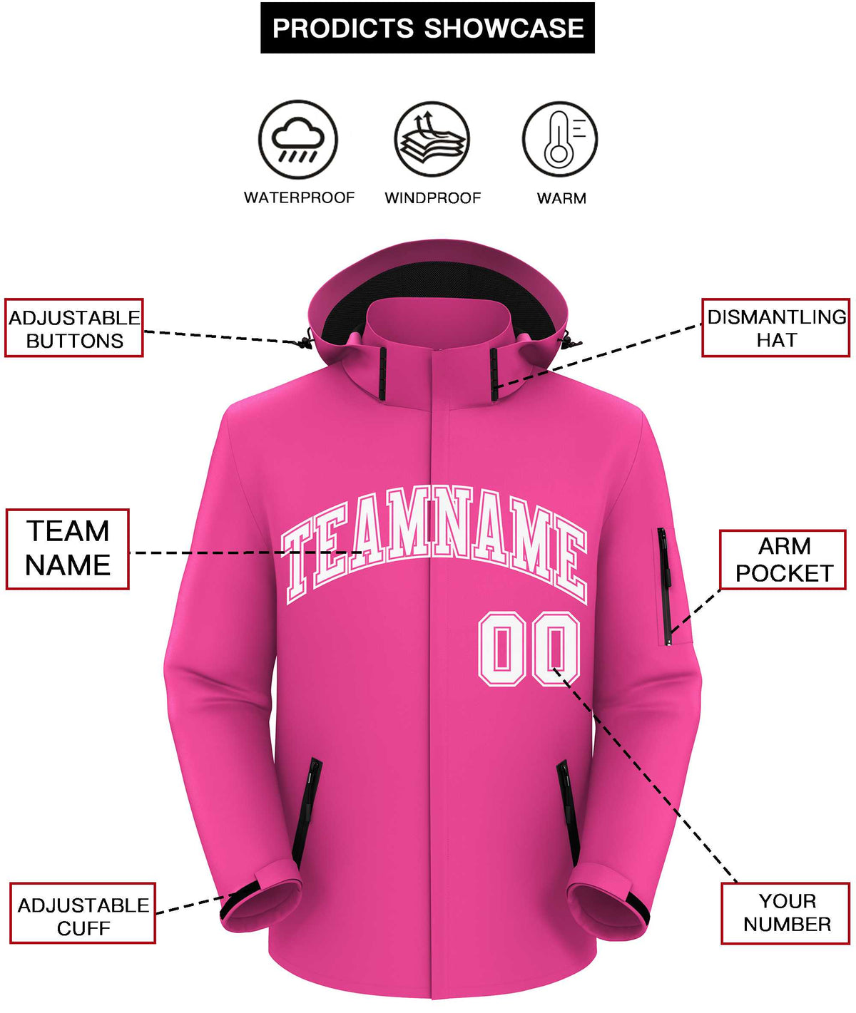 Custom Pink White-White Classic Style Waterproof Jacket