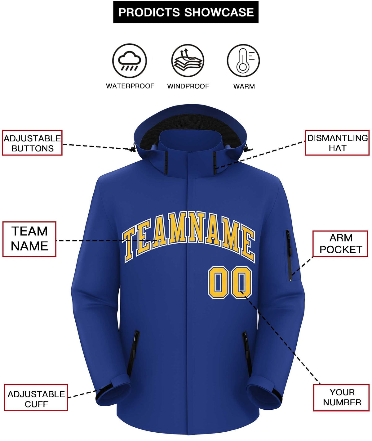 Custom Royal Gold-White Classic Style Waterproof Jacket