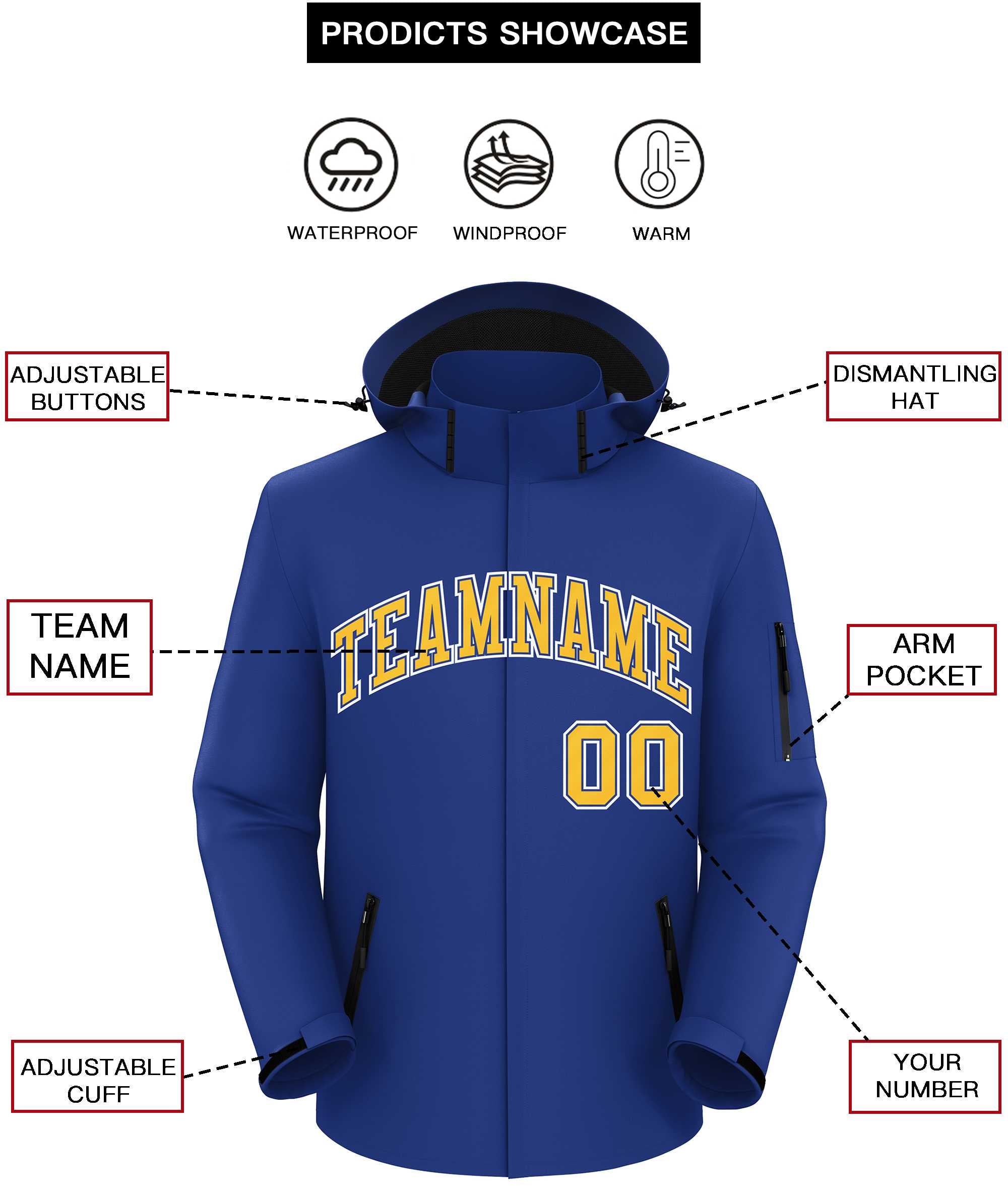 Custom Royal Gold-White Classic Style Waterproof Jacket