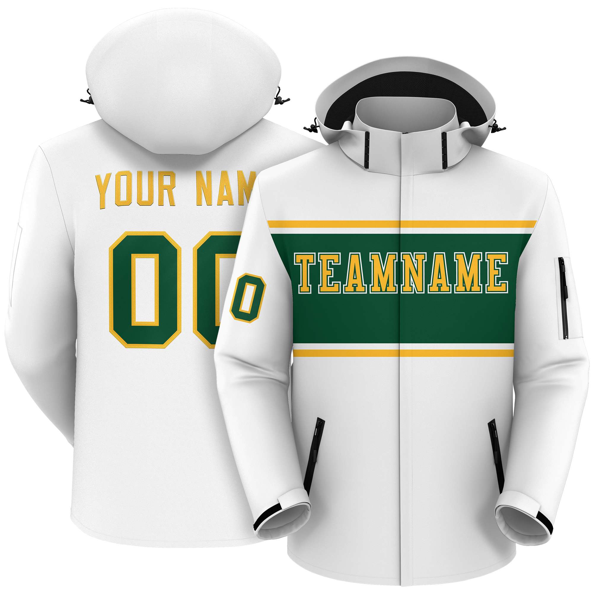 Custom White Gold-Green Color Block Personalized Outdoor Hooded Waterproof Jacket