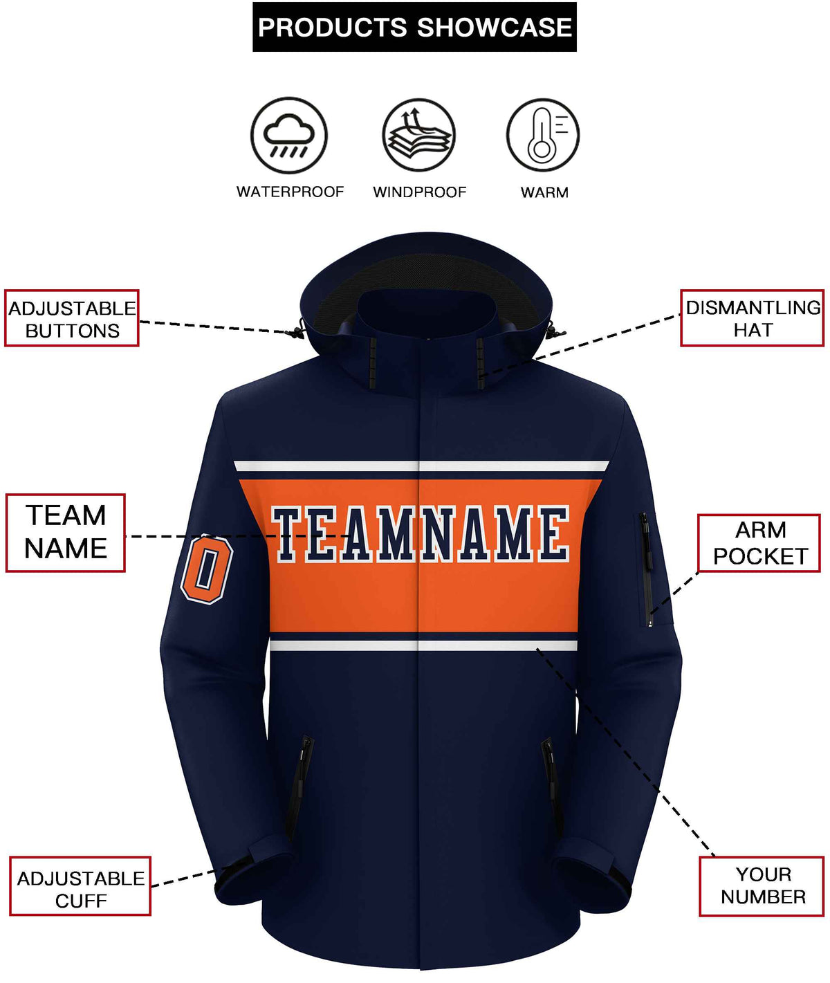 Custom Navy White-Orange Color Block Personalized Outdoor Hooded Waterproof Jacket