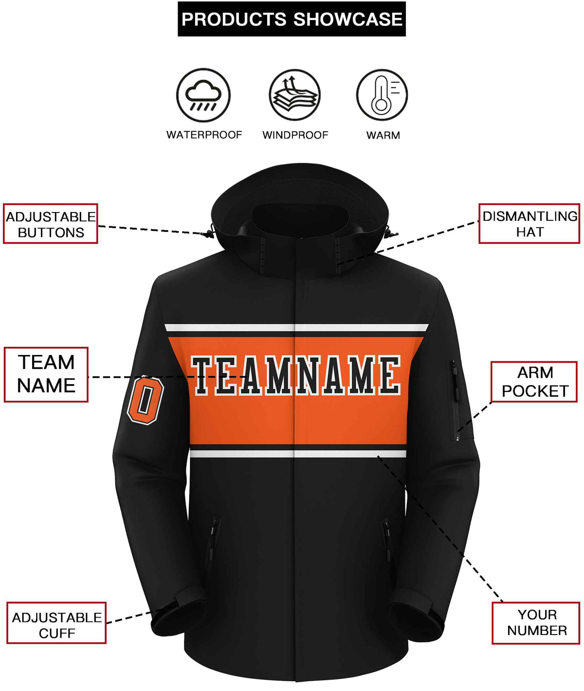 Custom Black White-Orange Color Block Personalized Outdoor Hooded Waterproof Jacket