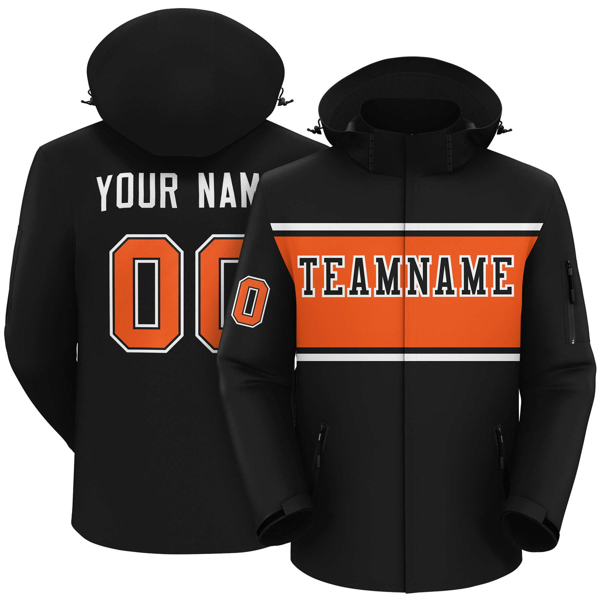 Custom Black White-Orange Color Block Personalized Outdoor Hooded Waterproof Jacket