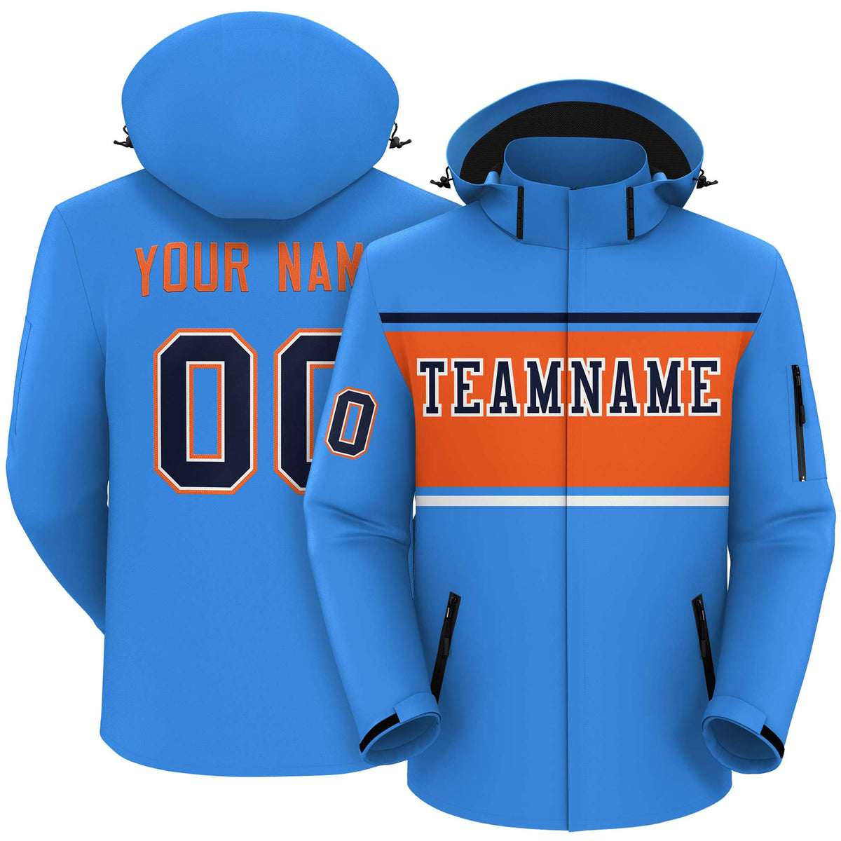Custom Powder Blue Navy-Orange Color Block Personalized Outdoor Hooded Waterproof Jacket