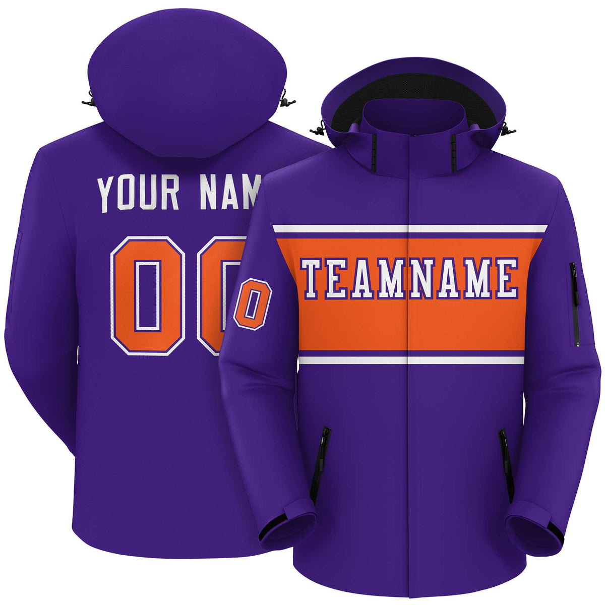 Custom Purple White-Orange Color Block Personalized Outdoor Hooded Waterproof Jacket