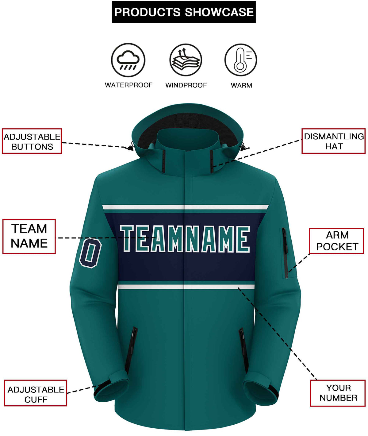 Custom Aqua White-Navy Color Block Personalized Outdoor Hooded Waterproof Jacket