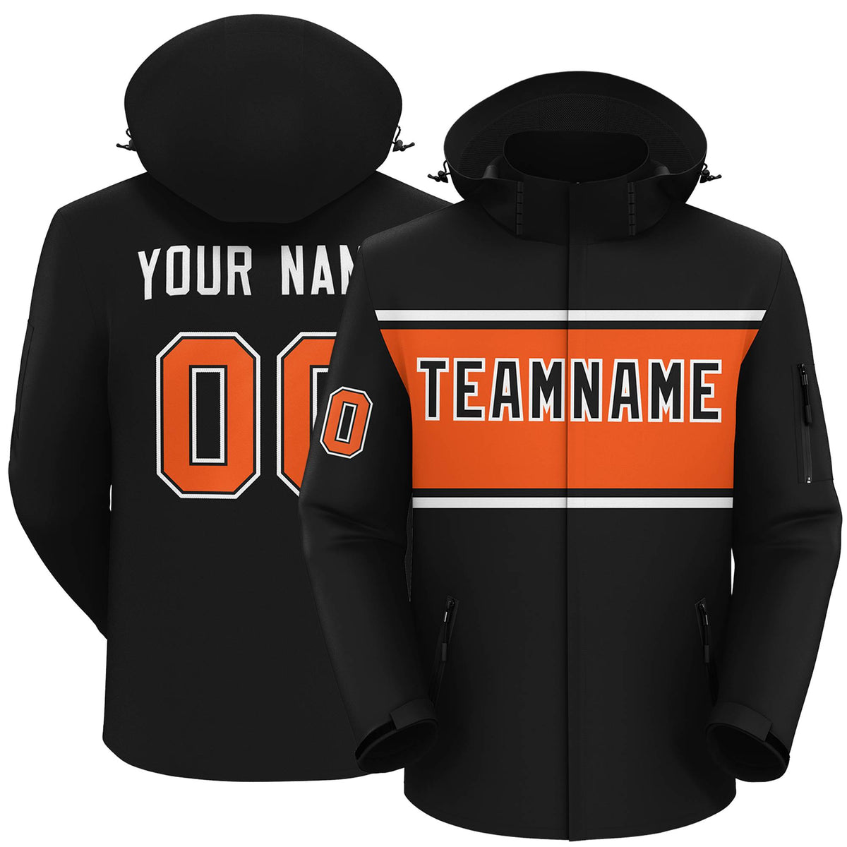 Custom Black White-Orange Color Block Personalized Outdoor Hooded Waterproof Jacket