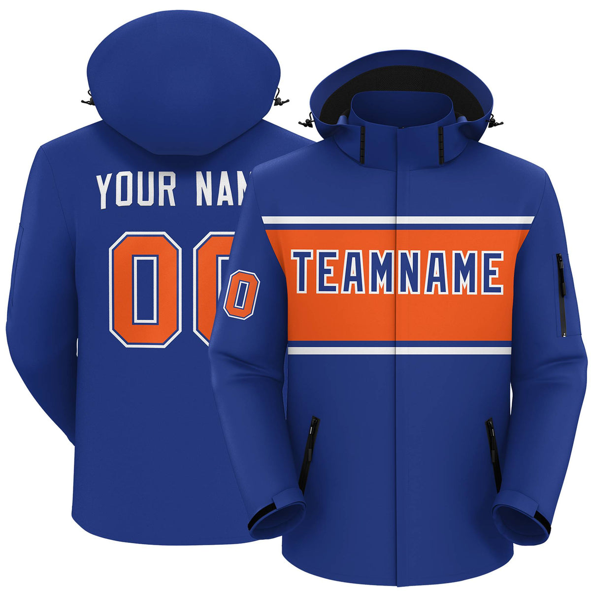 Custom Royal White-Orange Color Block Personalized Outdoor Hooded Waterproof Jacket